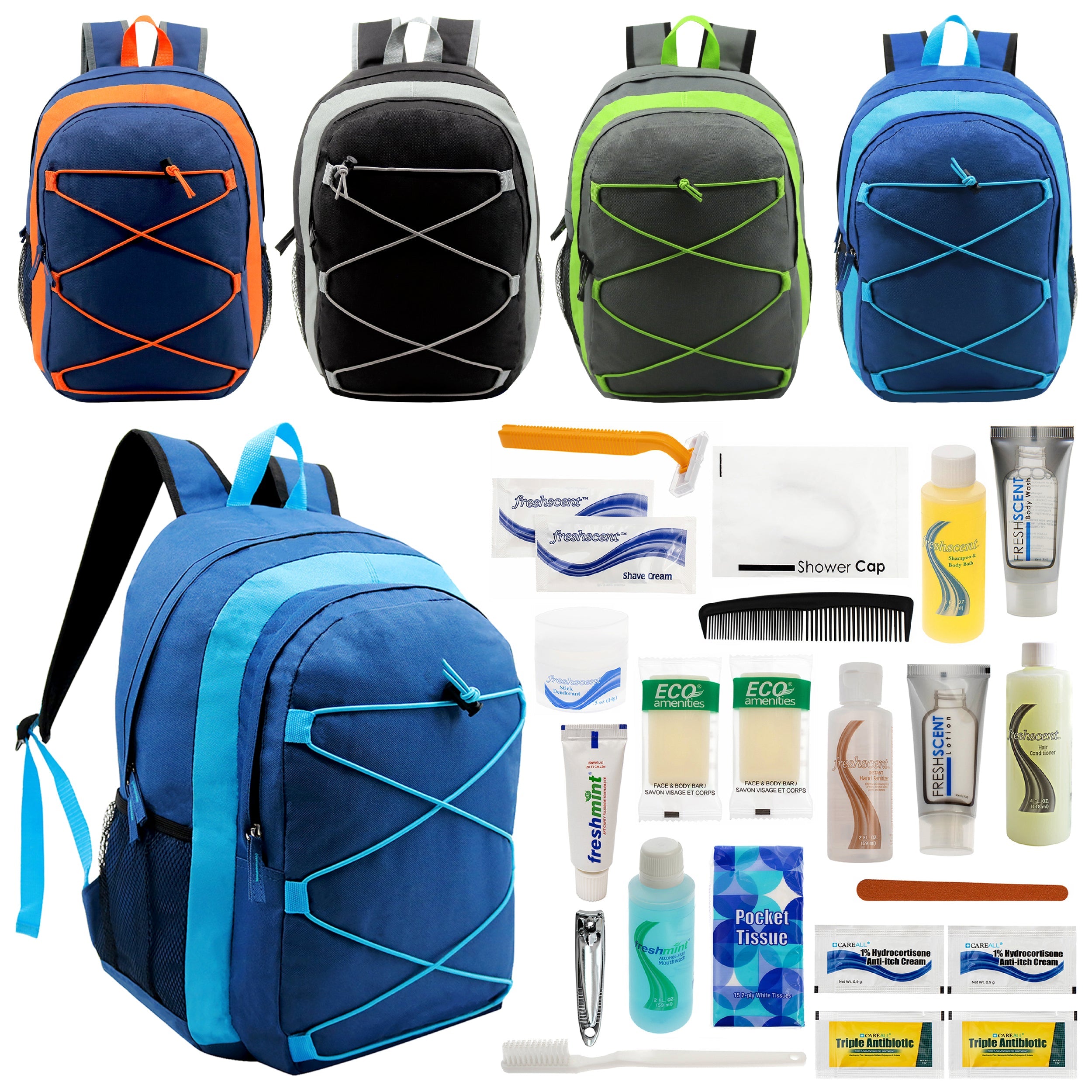 12 Multi-Color 17" Premium Bungee Backpacks in 4 Colors & Your Choice of 12 Bulk Hygiene Kits - Wholesale Care Package: Homeless, Emergency, Charity