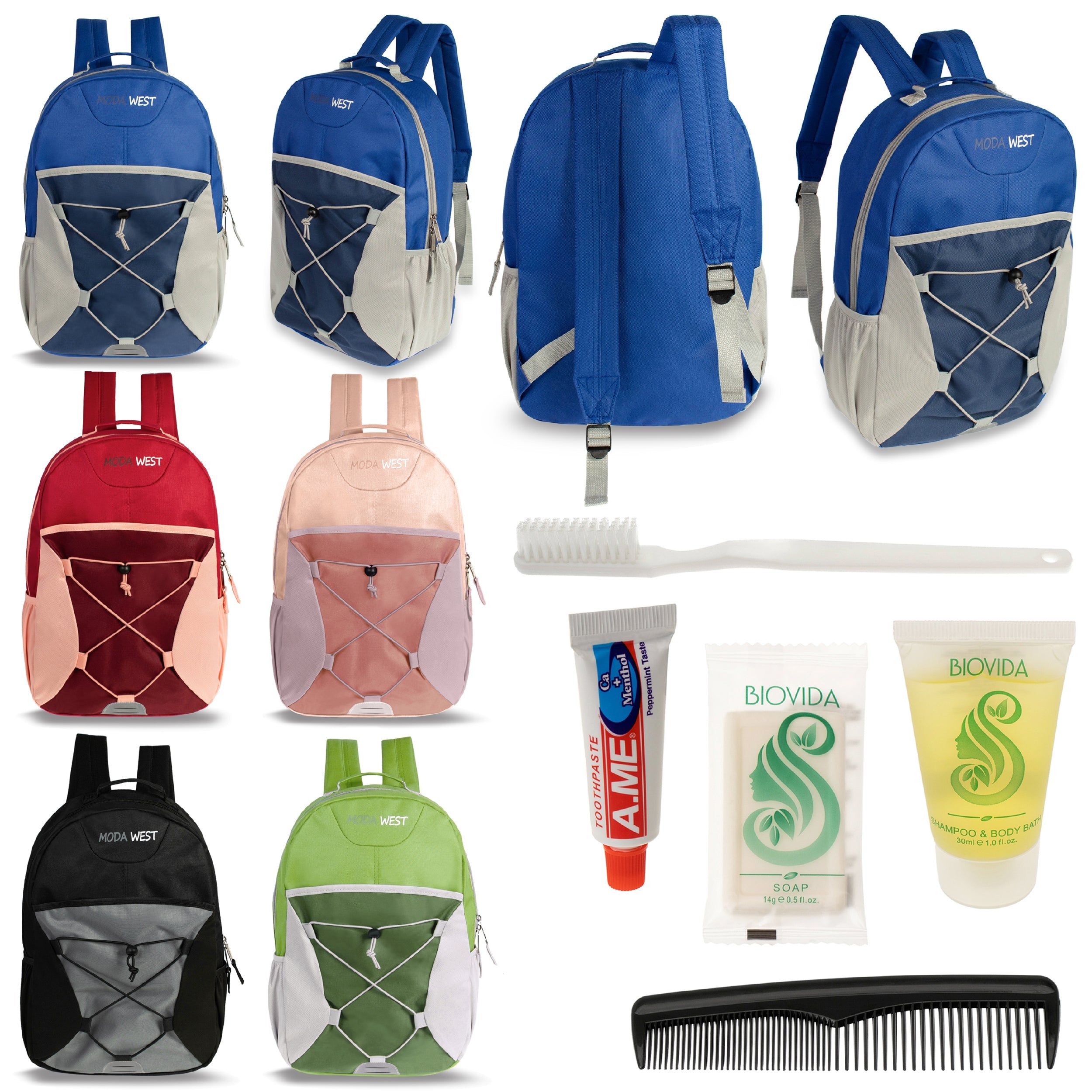 12 Bungee 17" Backpacks in 6 Color Combinations & Your Choice of 12 Bulk Hygiene Kits - Wholesale Care Package: Homeless, Emergency, Charity