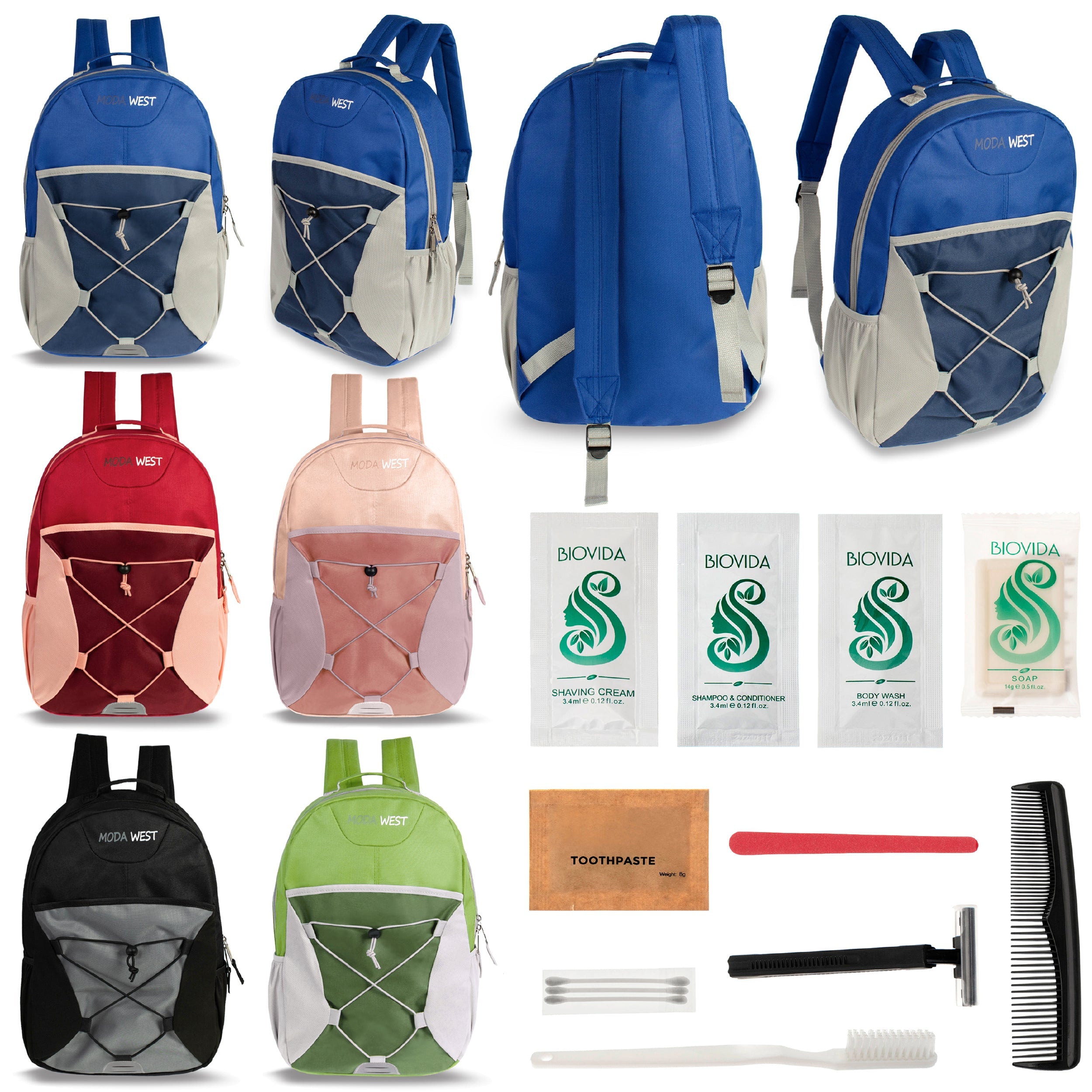 12 Bungee 17" Backpacks in 6 Color Combinations & Your Choice of 12 Bulk Hygiene Kits - Wholesale Care Package: Homeless, Emergency, Charity