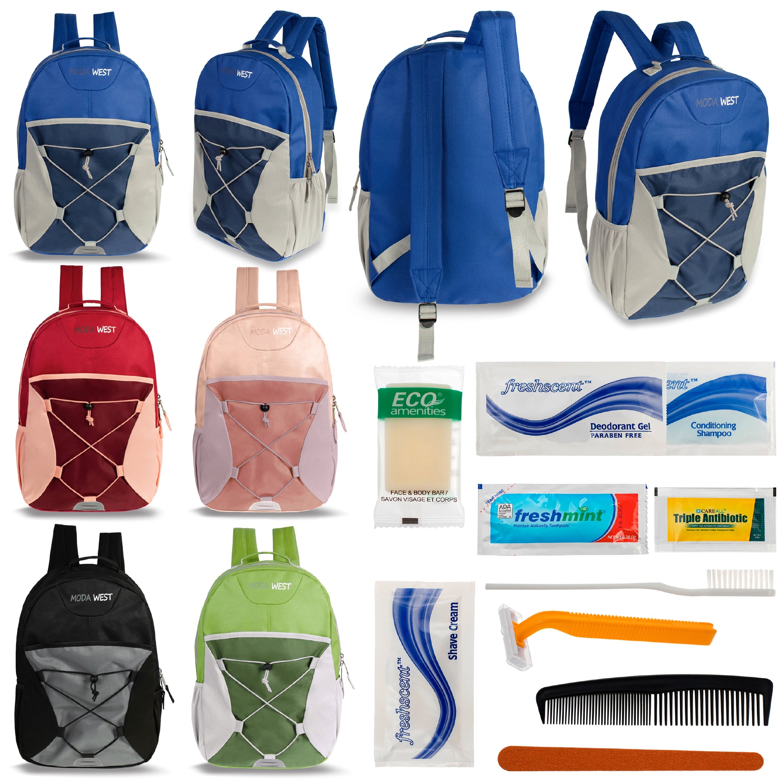 12 Bungee 17" Backpacks in 6 Color Combinations & Your Choice of 12 Bulk Hygiene Kits - Wholesale Care Package: Homeless, Emergency, Charity