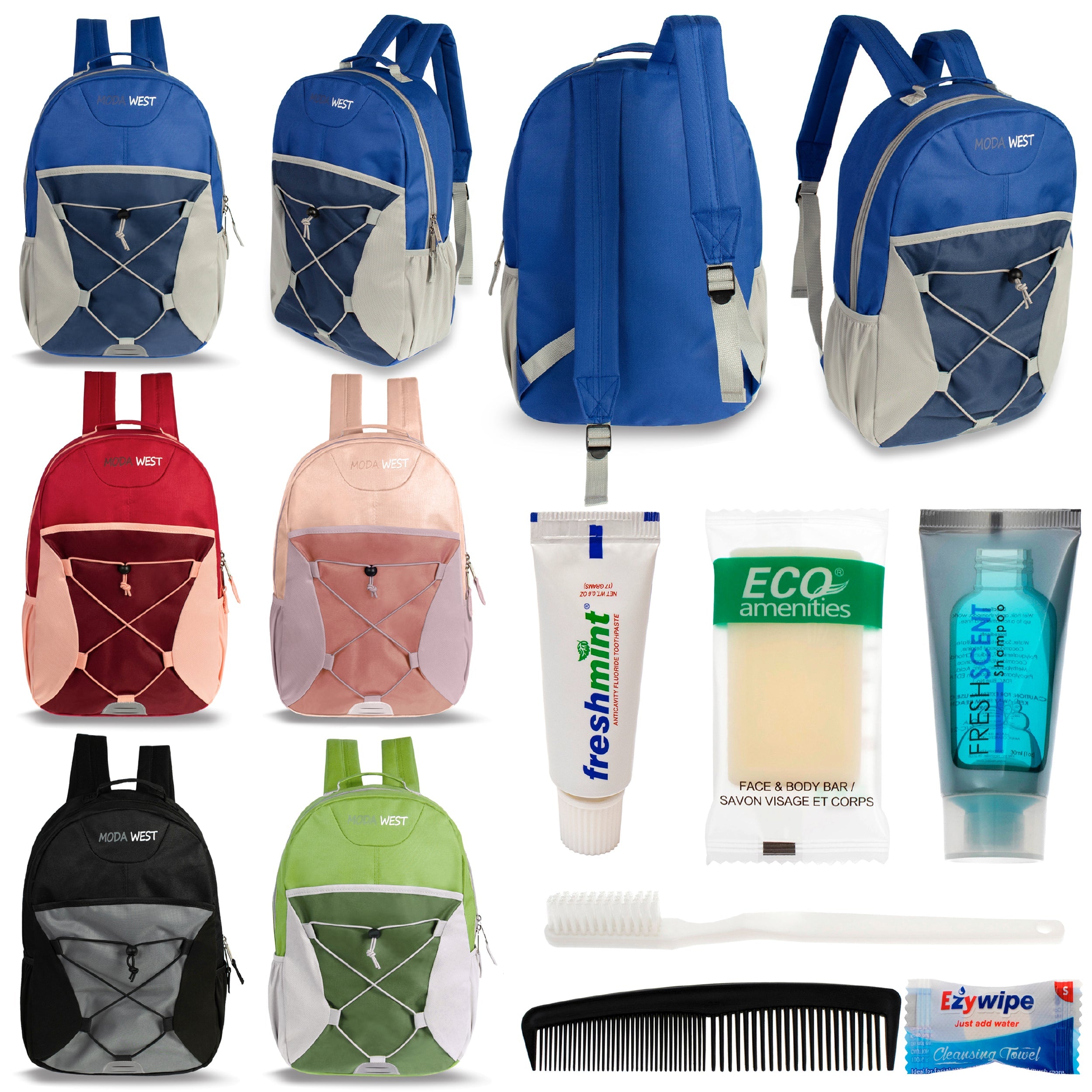 12 Bungee 17" Backpacks in 6 Color Combinations & Your Choice of 12 Bulk Hygiene Kits - Wholesale Care Package: Homeless, Emergency, Charity