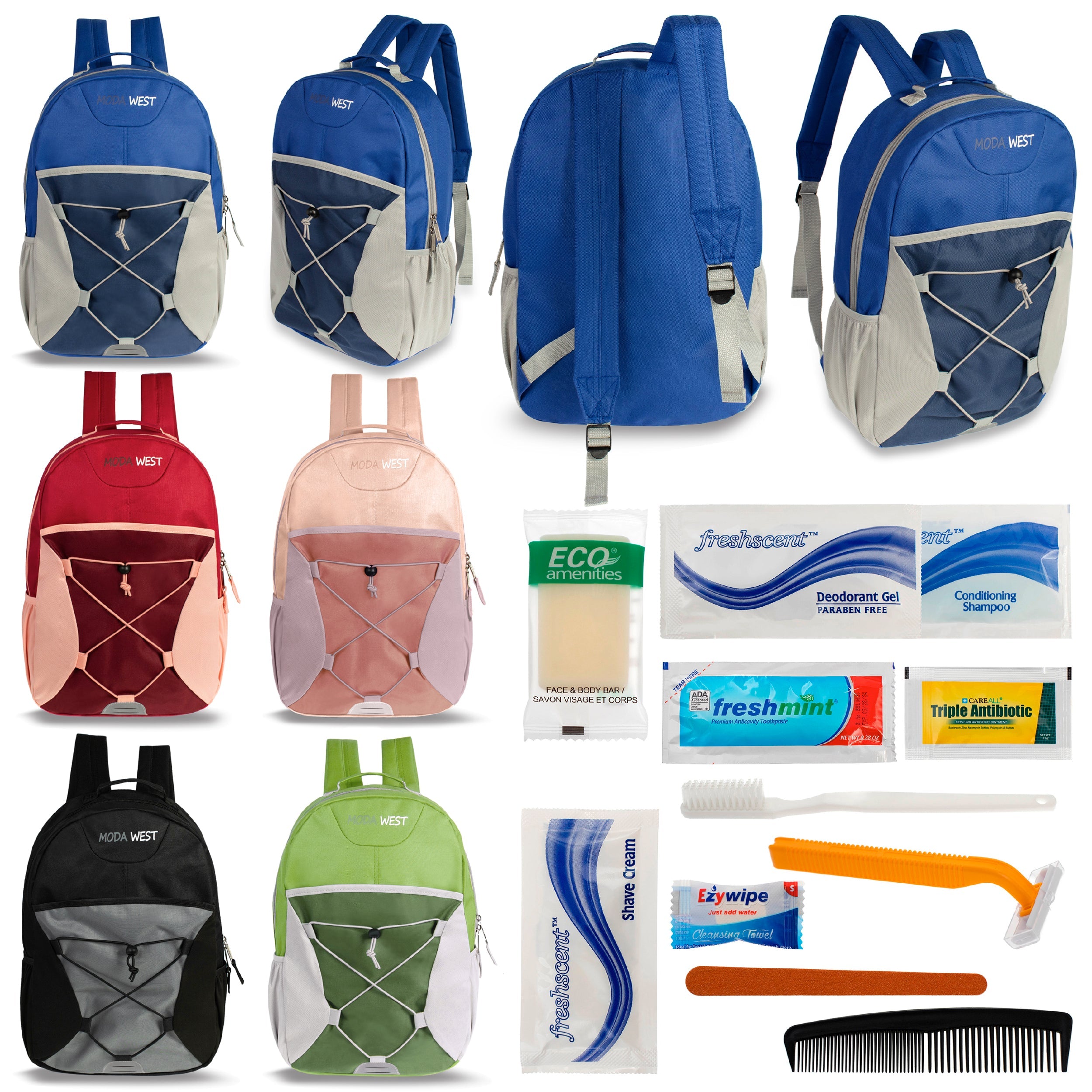 12 Bungee 17" Backpacks in 6 Color Combinations & Your Choice of 12 Bulk Hygiene Kits - Wholesale Care Package: Homeless, Emergency, Charity