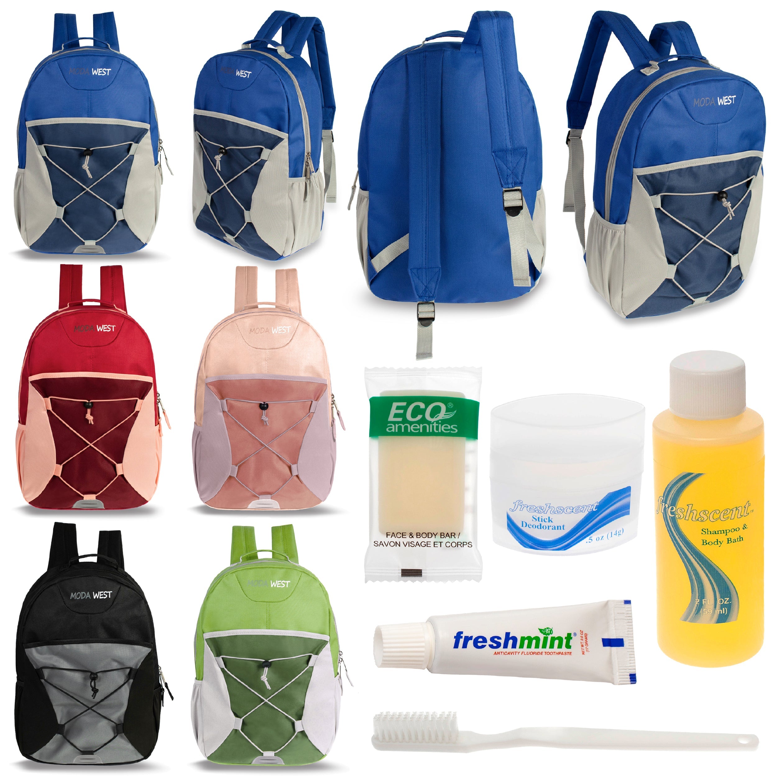 12 Bungee 17" Backpacks in 6 Color Combinations & Your Choice of 12 Bulk Hygiene Kits - Wholesale Care Package: Homeless, Emergency, Charity