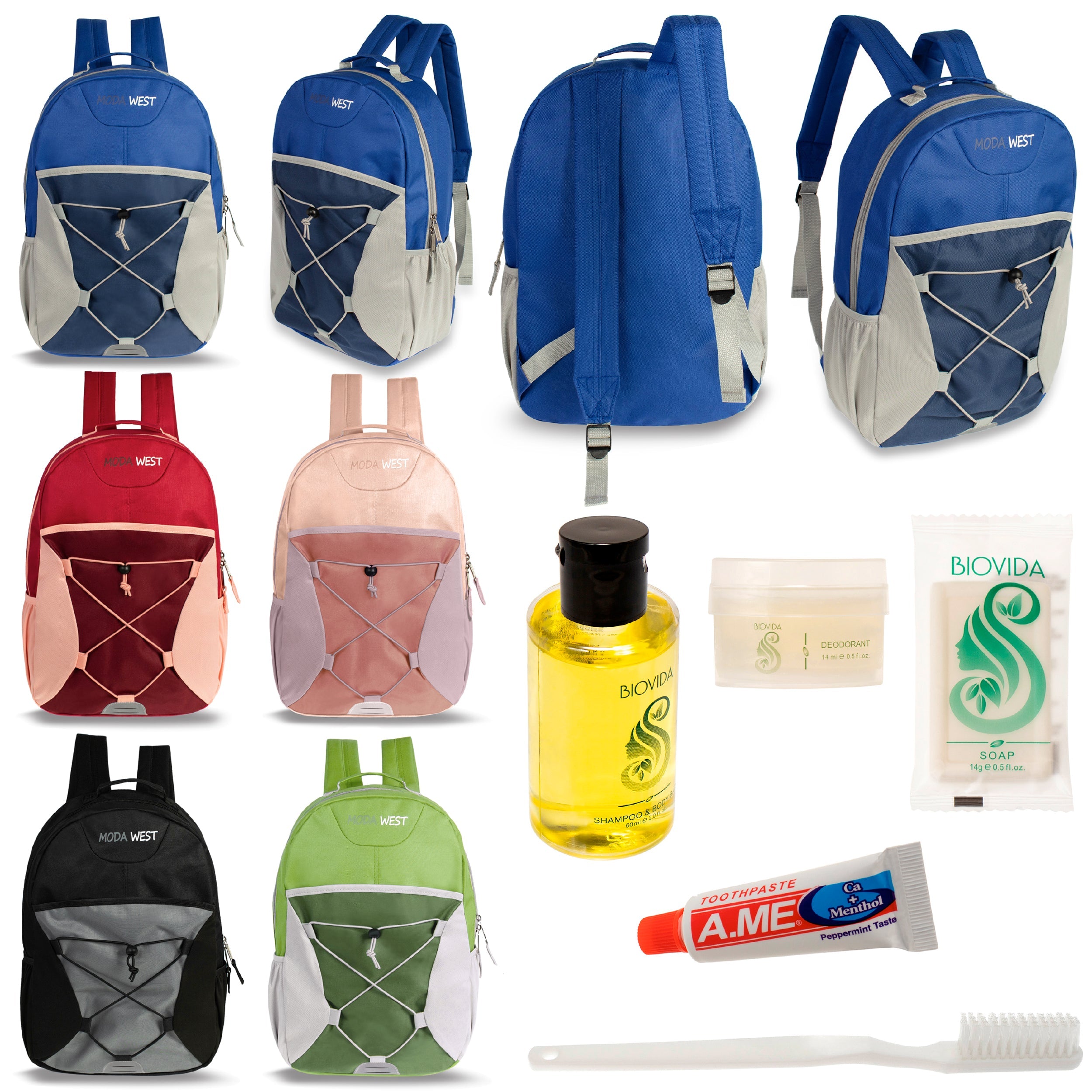 12 Bungee 17" Backpacks in 6 Color Combinations & Your Choice of 12 Bulk Hygiene Kits - Wholesale Care Package: Homeless, Emergency, Charity