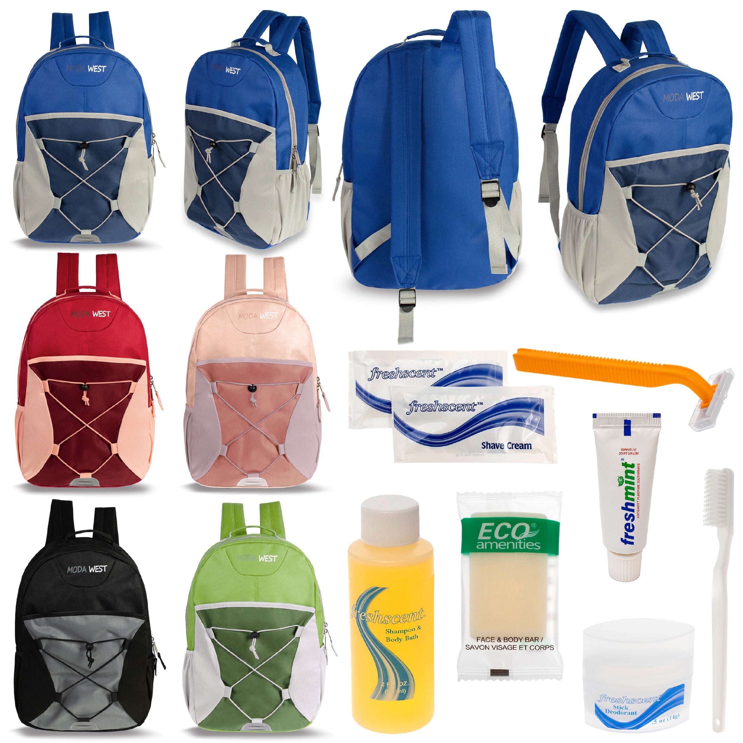 12 Bungee 17" Backpacks in 6 Color Combinations & Your Choice of 12 Bulk Hygiene Kits - Wholesale Care Package: Homeless, Emergency, Charity