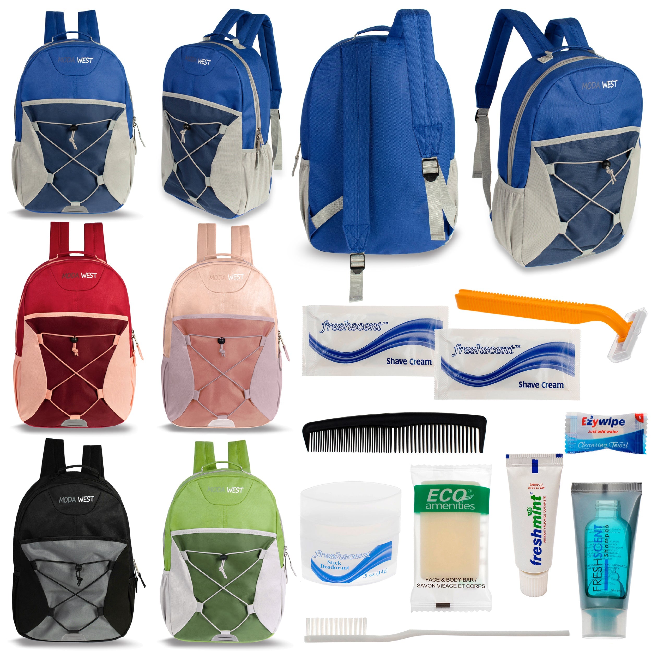 12 Bungee 17" Backpacks in 6 Color Combinations & Your Choice of 12 Bulk Hygiene Kits - Wholesale Care Package: Homeless, Emergency, Charity