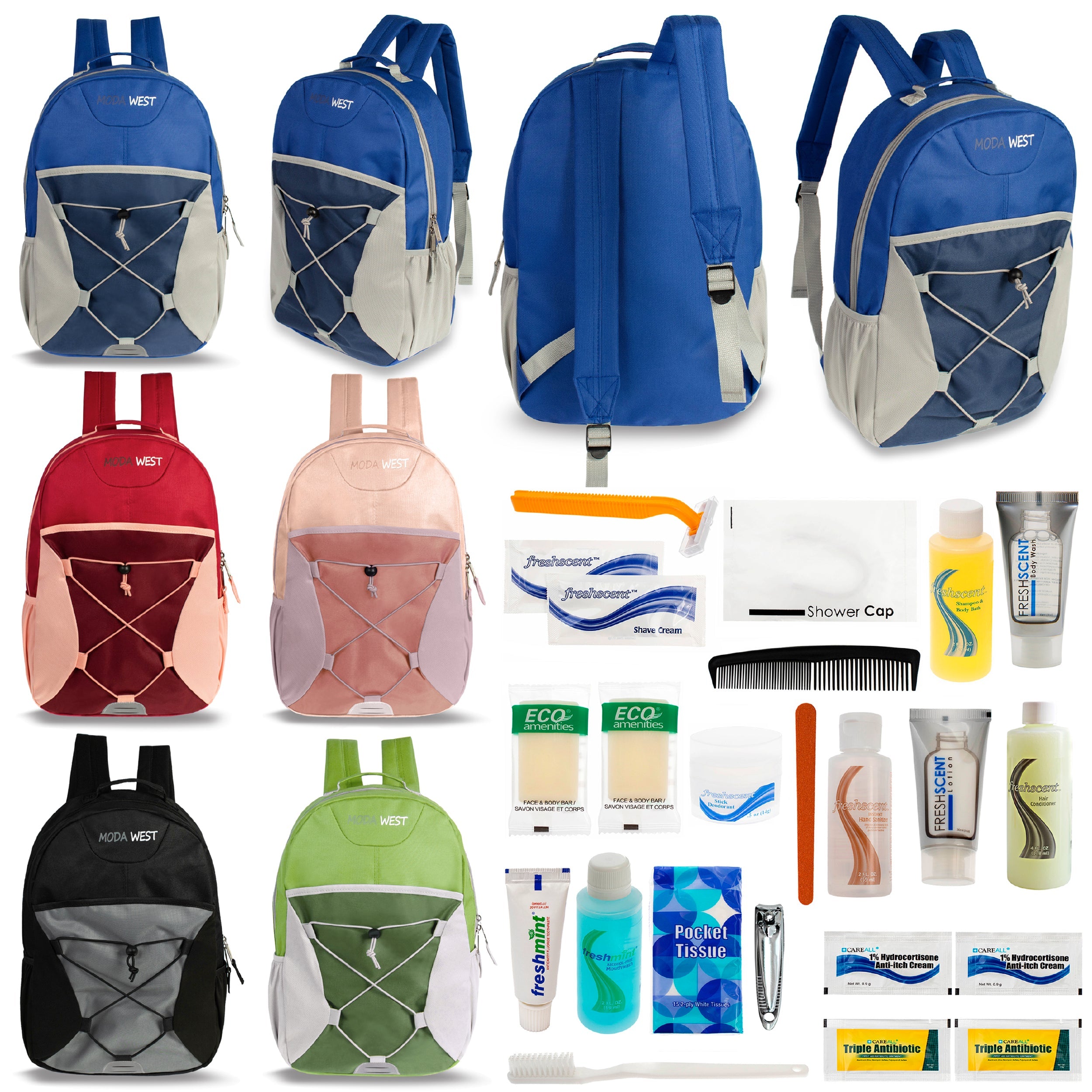 12 Bungee 17" Backpacks in 6 Color Combinations & Your Choice of 12 Bulk Hygiene Kits - Wholesale Care Package: Homeless, Emergency, Charity