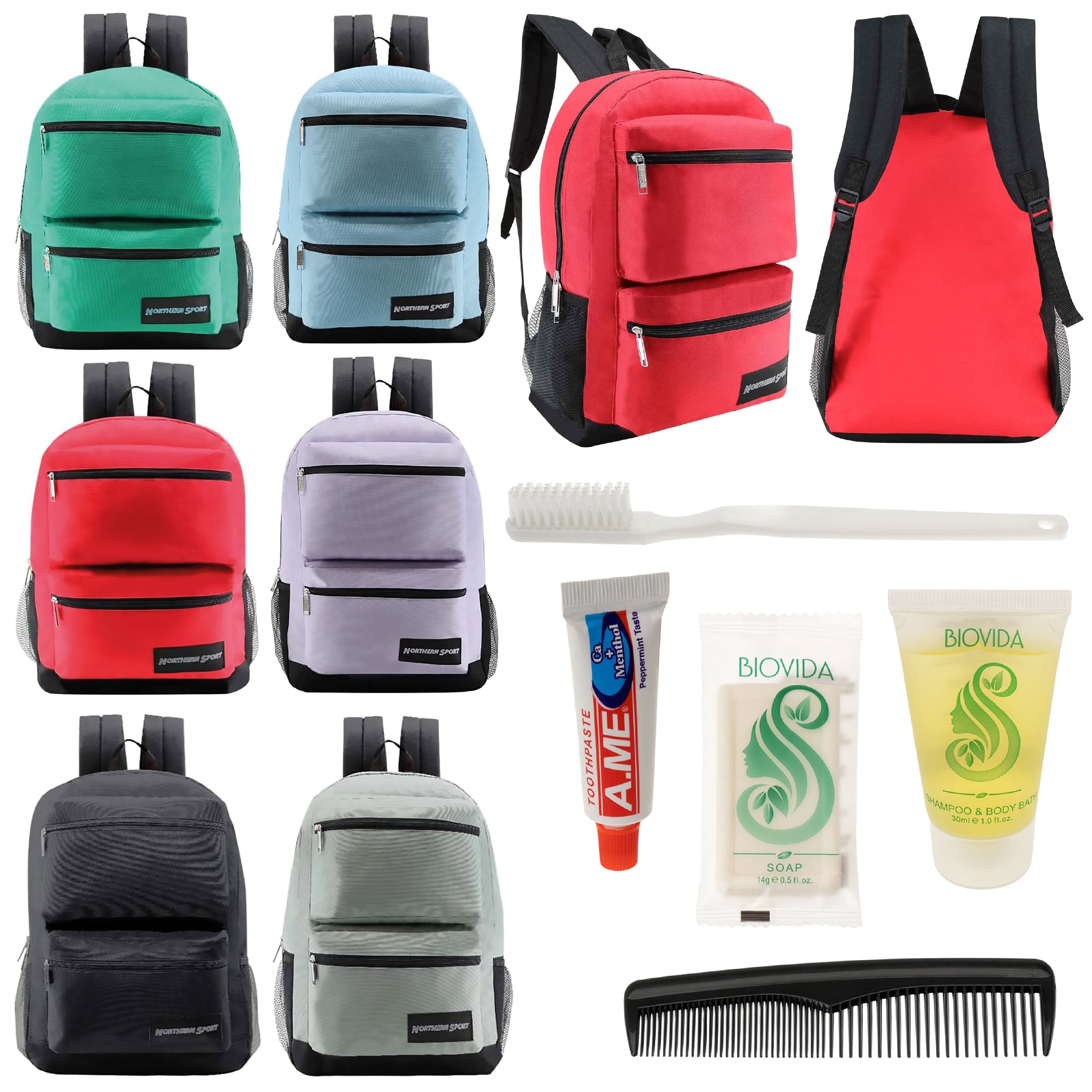 12 Premium 17" Backpacks with 2 Front Pockets & Your Choice of 12 Bulk Hygiene Kits - Wholesale Care Package: Homeless, Emergency, Charity