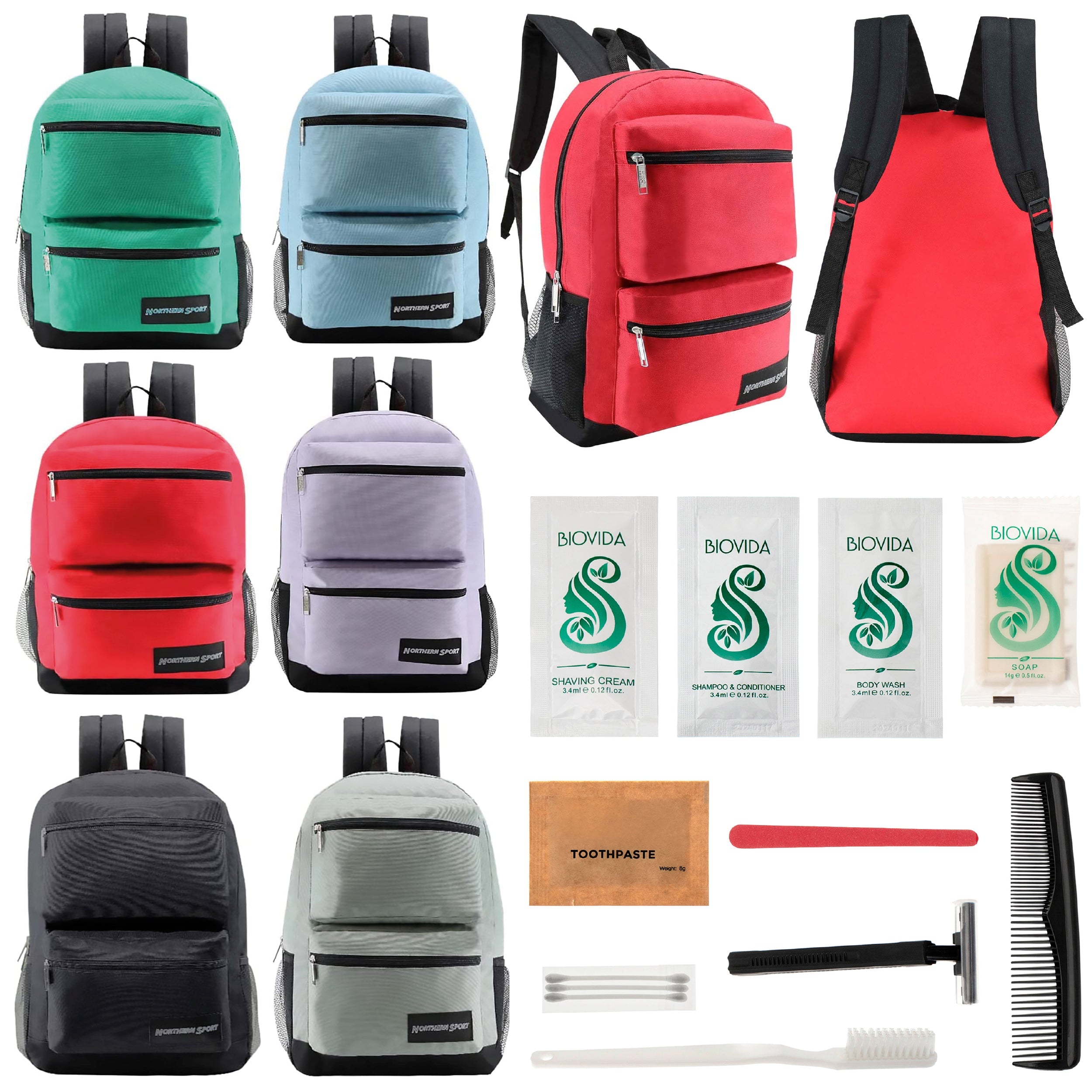 12 Premium 17" Backpacks with 2 Front Pockets & Your Choice of 12 Bulk Hygiene Kits - Wholesale Care Package: Homeless, Emergency, Charity