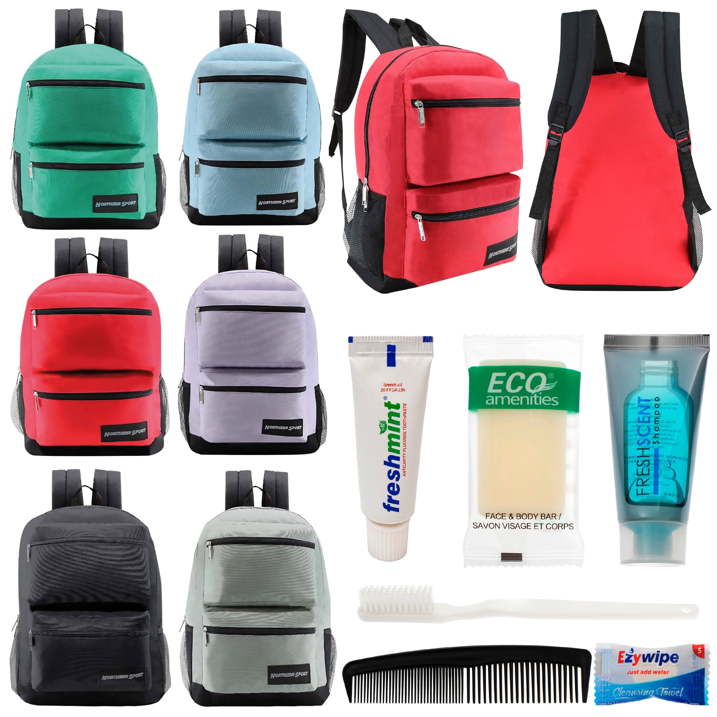 12 Premium 17" Backpacks with 2 Front Pockets & Your Choice of 12 Bulk Hygiene Kits - Wholesale Care Package: Homeless, Emergency, Charity