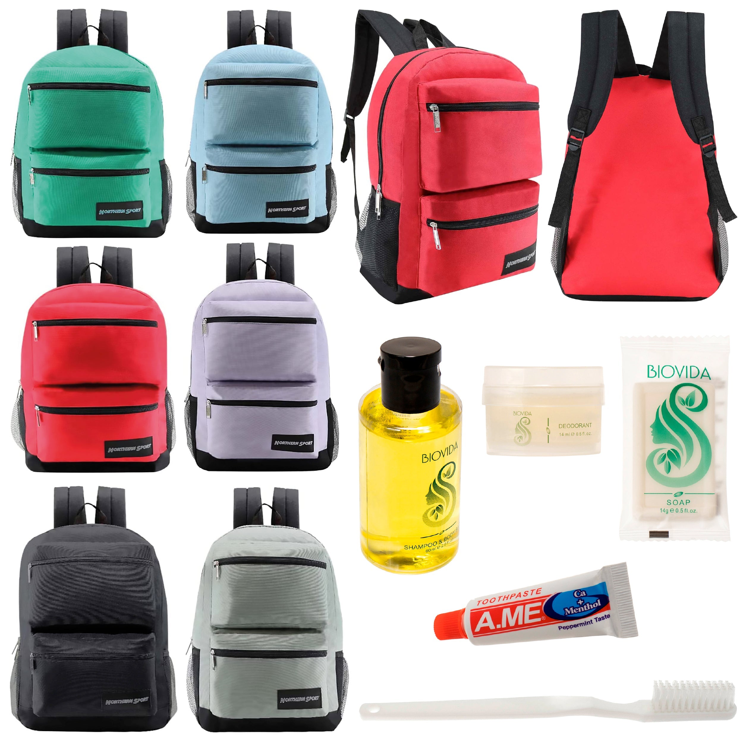 12 Premium 17" Backpacks with 2 Front Pockets & Your Choice of 12 Bulk Hygiene Kits - Wholesale Care Package: Homeless, Emergency, Charity