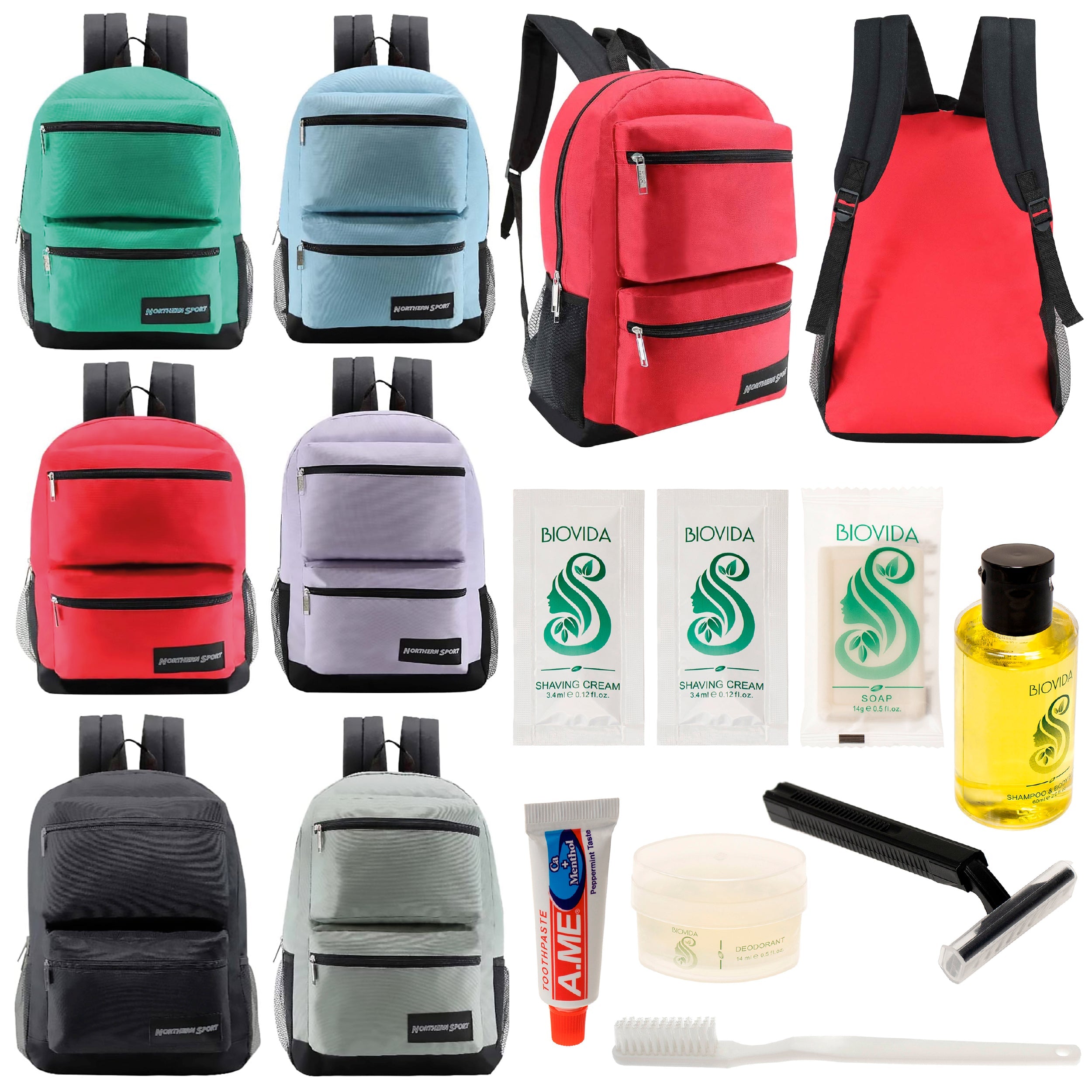 12 Premium 17" Backpacks with 2 Front Pockets & Your Choice of 12 Bulk Hygiene Kits - Wholesale Care Package: Homeless, Emergency, Charity