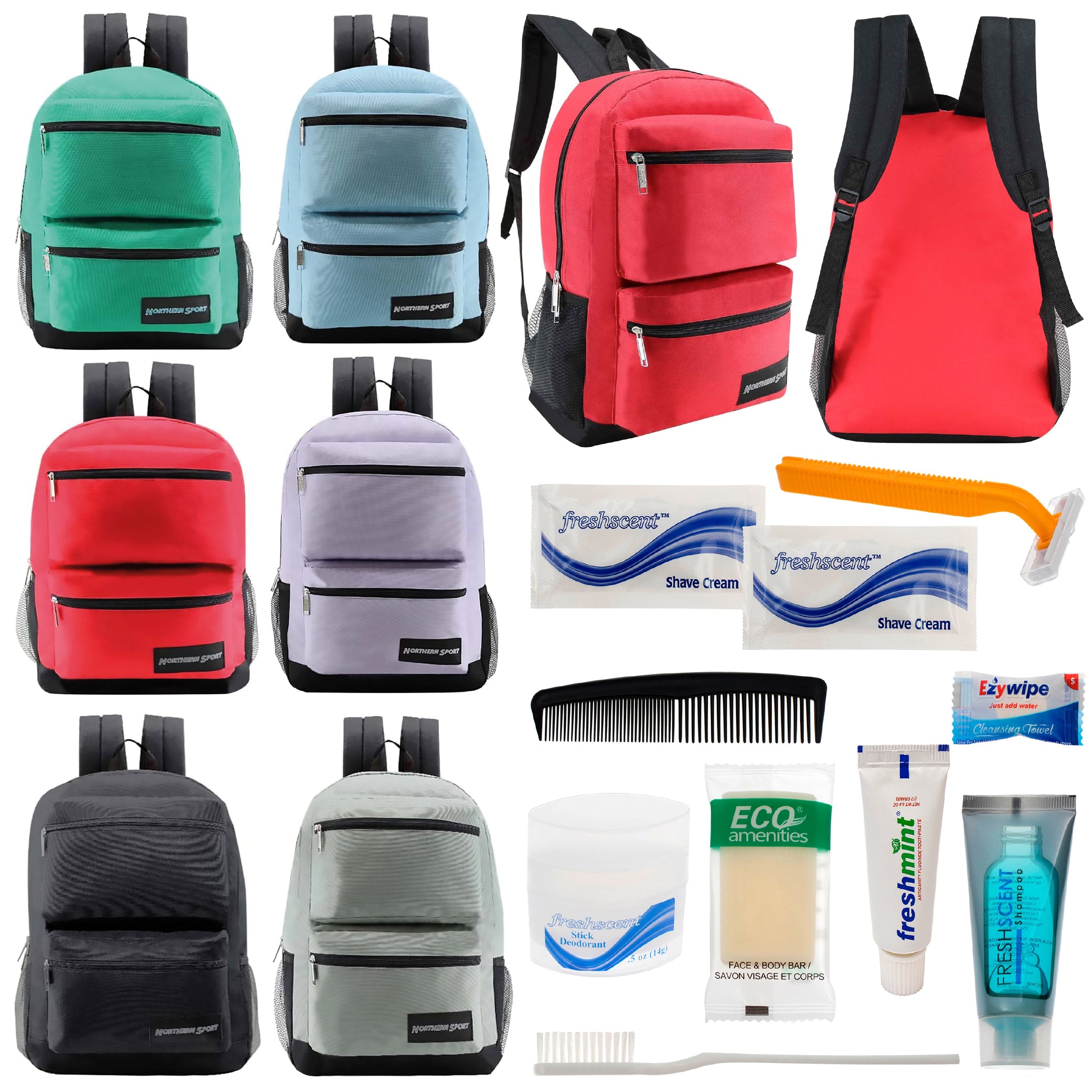 12 Premium 17" Backpacks with 2 Front Pockets & Your Choice of 12 Bulk Hygiene Kits - Wholesale Care Package: Homeless, Emergency, Charity