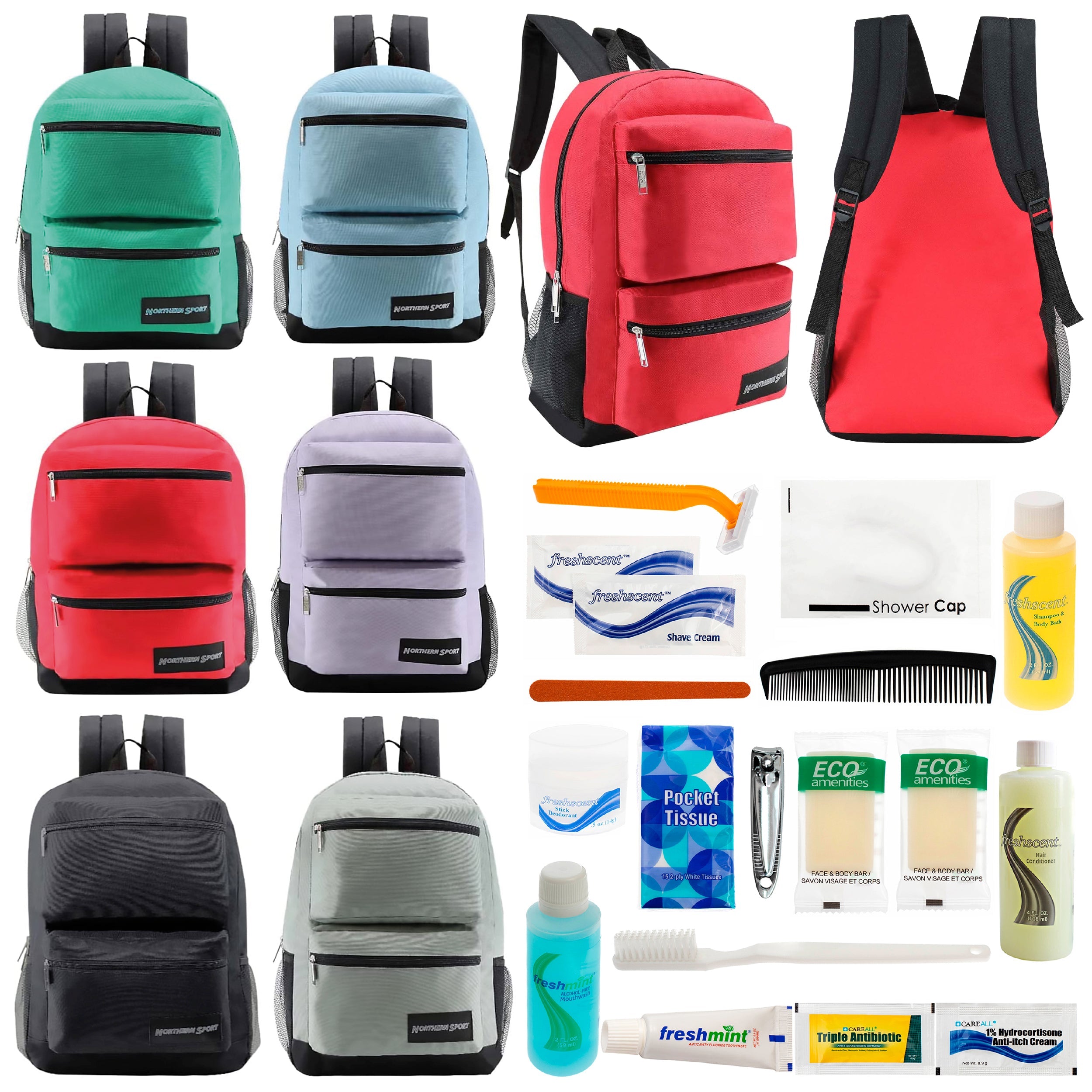 12 Premium 17" Backpacks with 2 Front Pockets & Your Choice of 12 Bulk Hygiene Kits - Wholesale Care Package: Homeless, Emergency, Charity