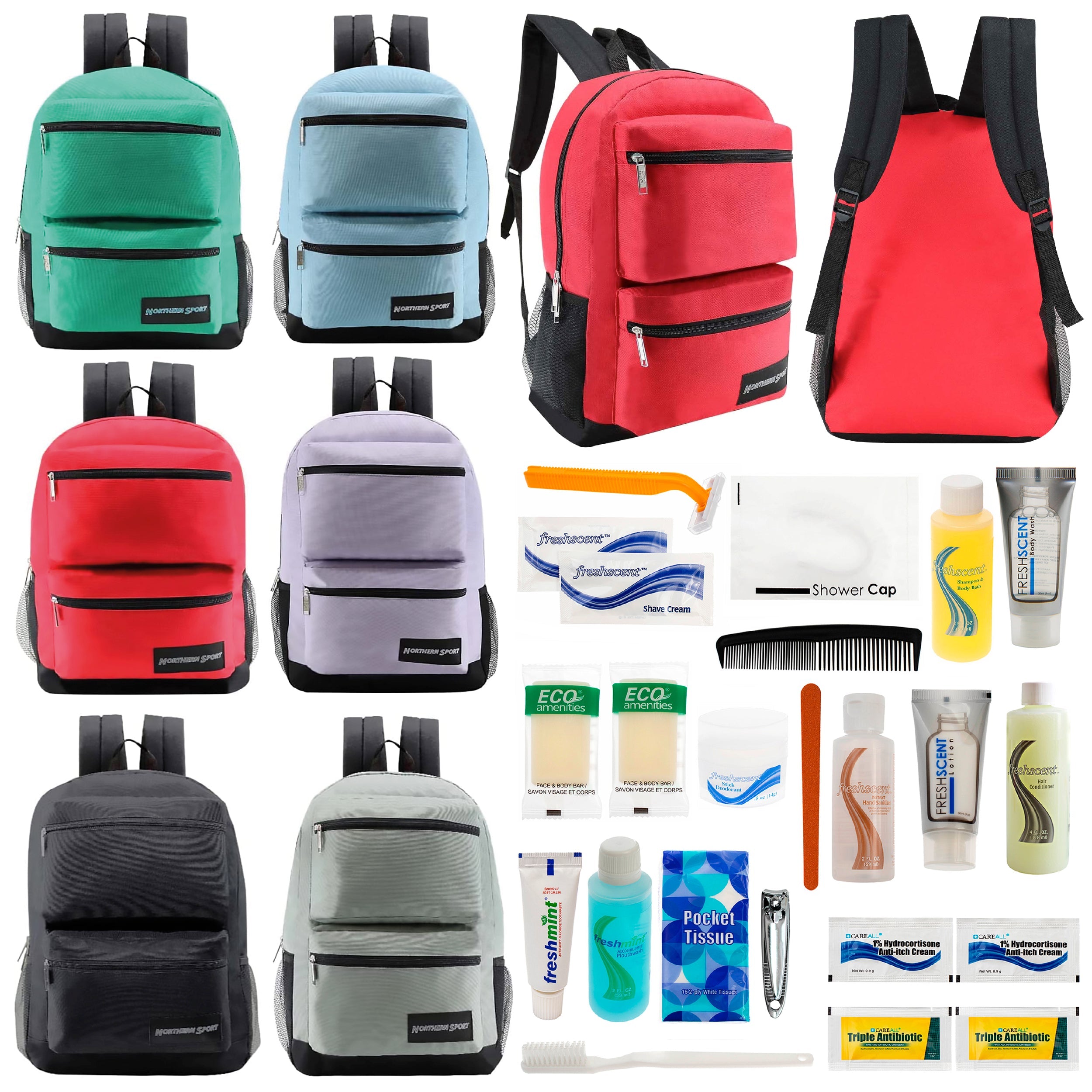 12 Premium 17" Backpacks with 2 Front Pockets & Your Choice of 12 Bulk Hygiene Kits - Wholesale Care Package: Homeless, Emergency, Charity