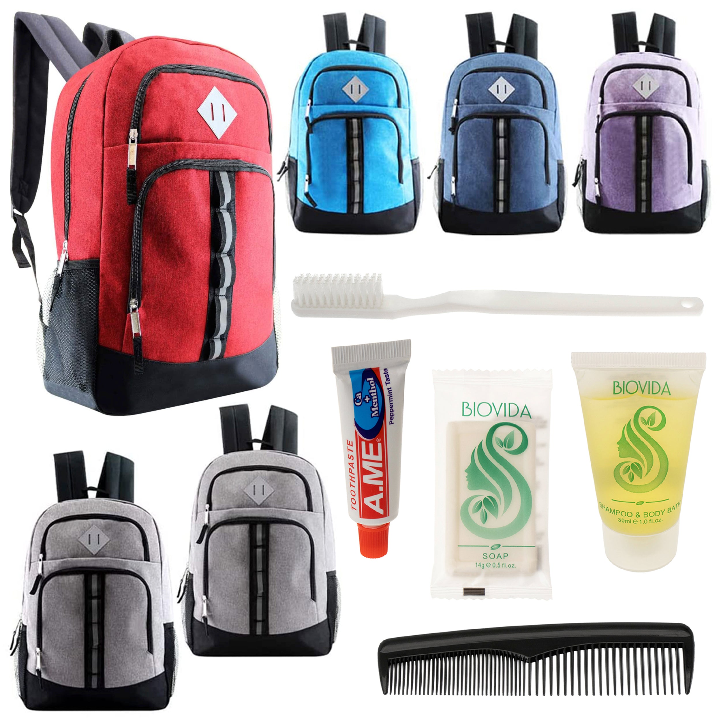 12 Deluxe 18" Backpacks in 6 Colors & Your Choice of 12 Bulk Hygiene Kits - Wholesale Care Package: Homeless, Emergency, Charity