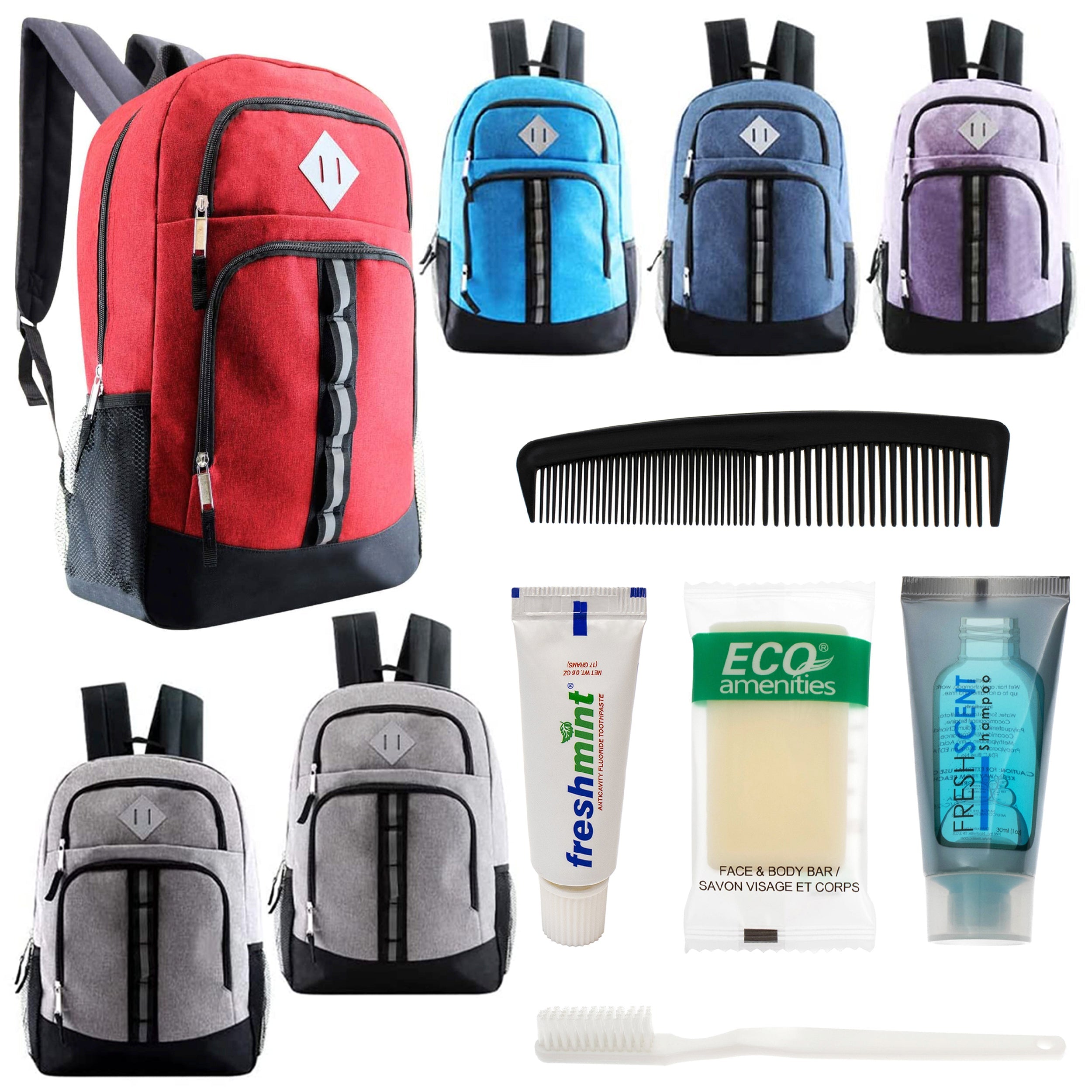 12 Deluxe 18" Backpacks in 6 Colors & Your Choice of 12 Bulk Hygiene Kits - Wholesale Care Package: Homeless, Emergency, Charity