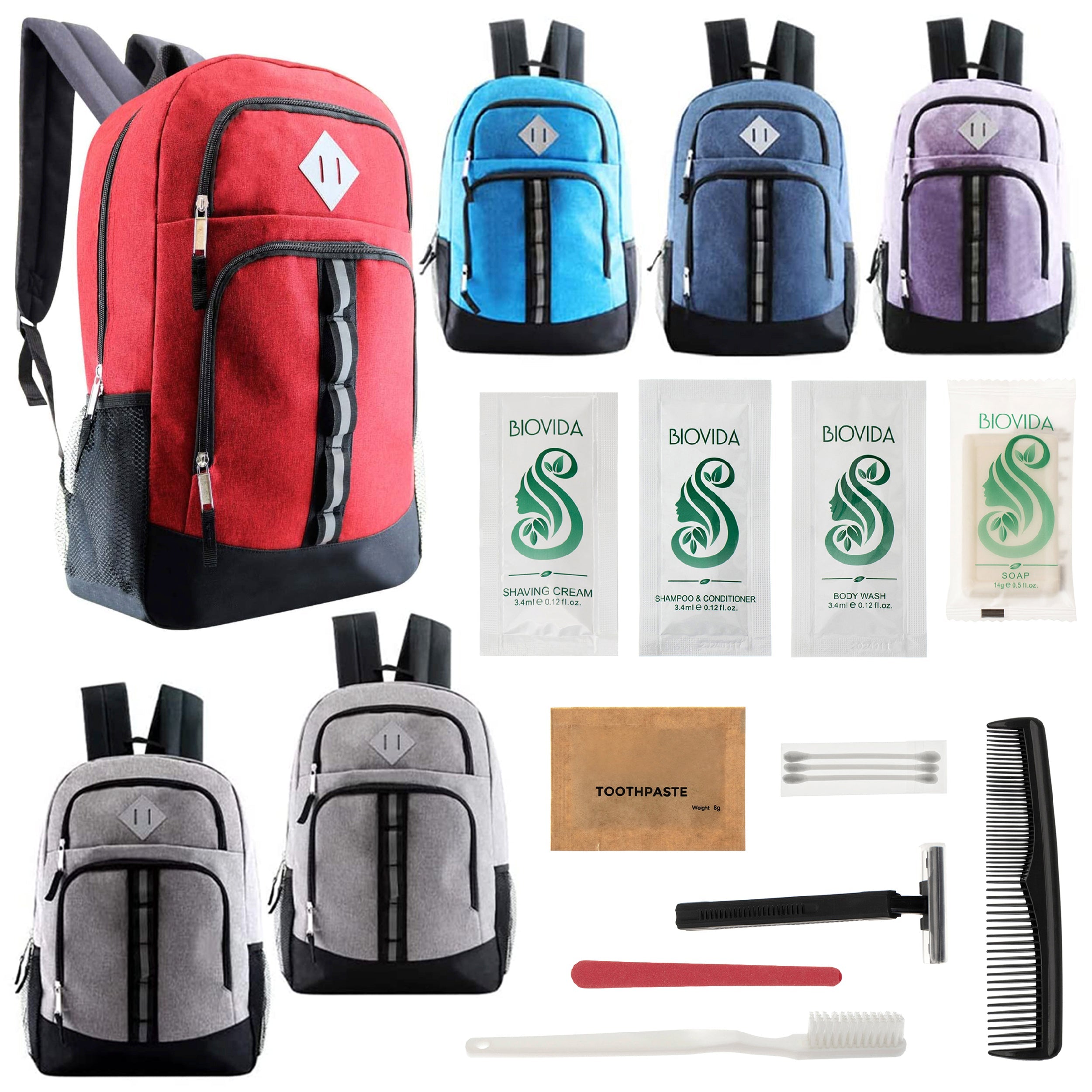 12 Deluxe 18" Backpacks in 6 Colors & Your Choice of 12 Bulk Hygiene Kits - Wholesale Care Package: Homeless, Emergency, Charity