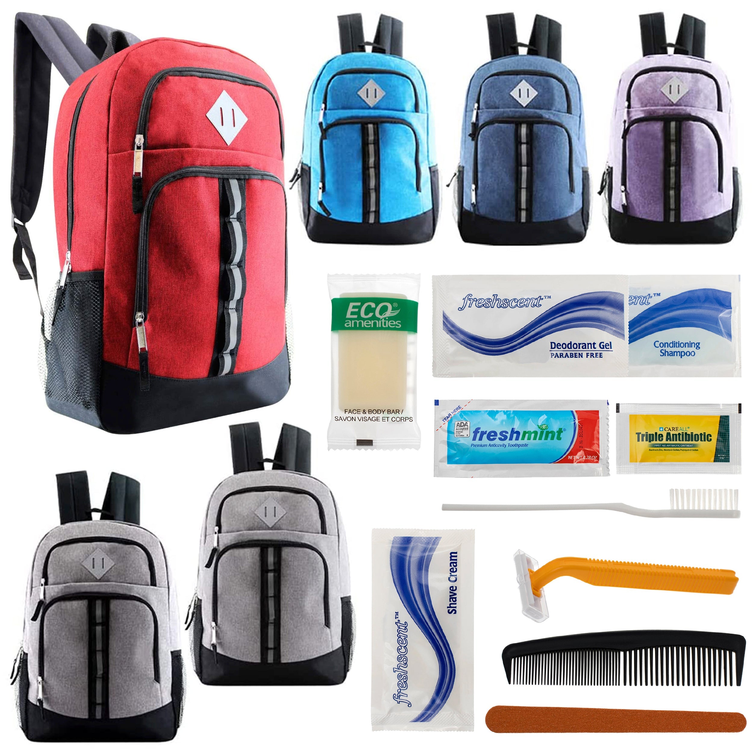 12 Deluxe 18" Backpacks in 6 Colors & Your Choice of 12 Bulk Hygiene Kits - Wholesale Care Package: Homeless, Emergency, Charity