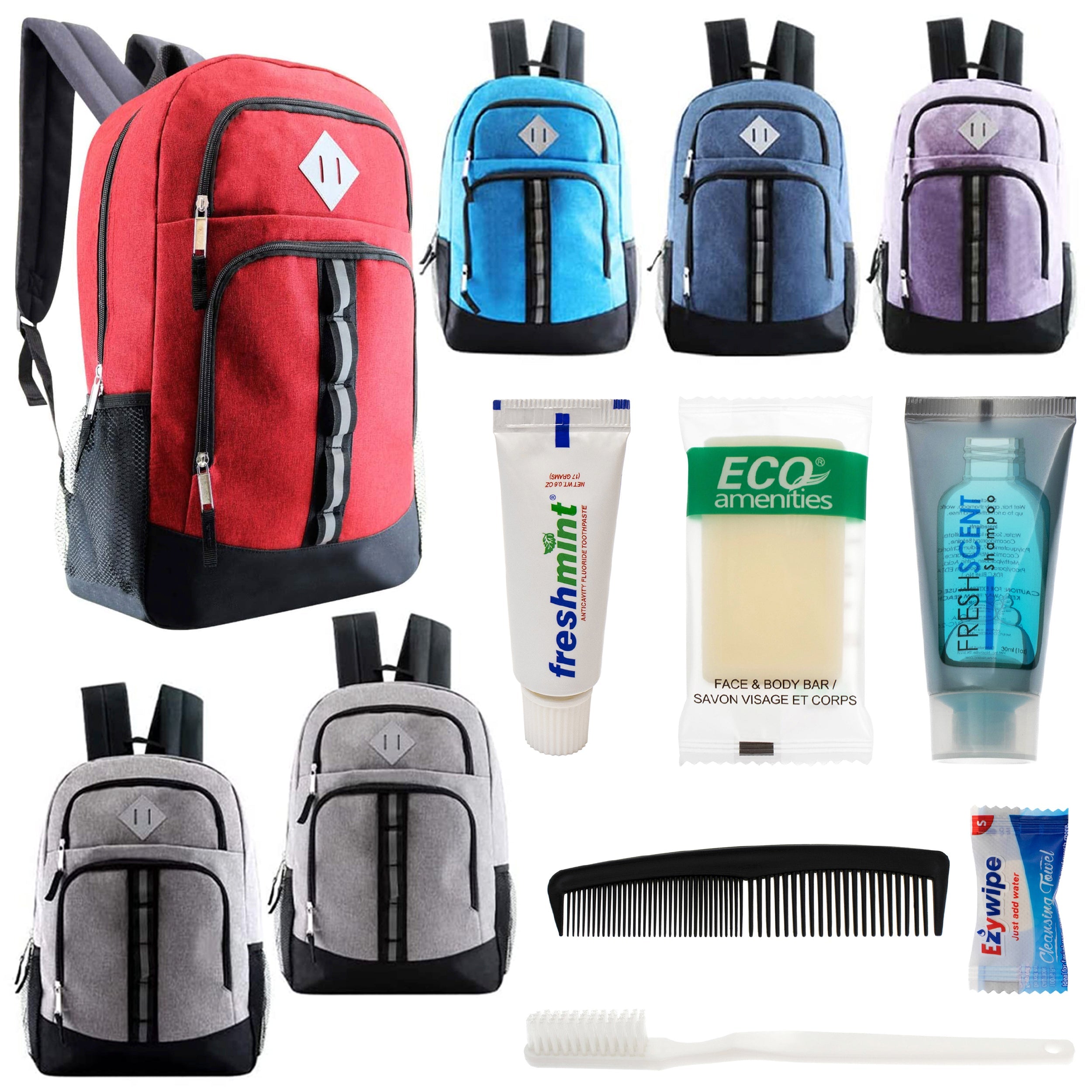 12 Deluxe 18" Backpacks in 6 Colors & Your Choice of 12 Bulk Hygiene Kits - Wholesale Care Package: Homeless, Emergency, Charity