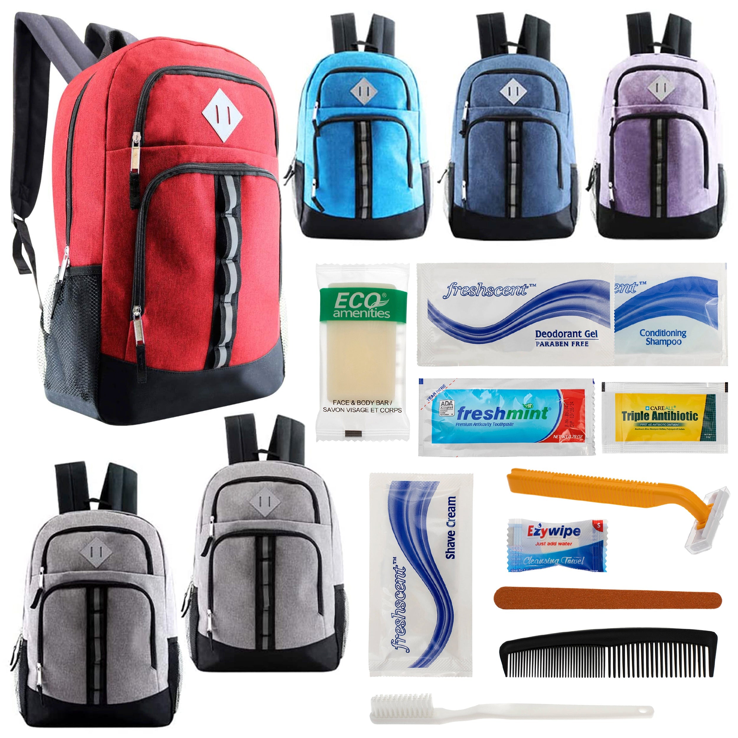 12 Deluxe 18" Backpacks in 6 Colors & Your Choice of 12 Bulk Hygiene Kits - Wholesale Care Package: Homeless, Emergency, Charity