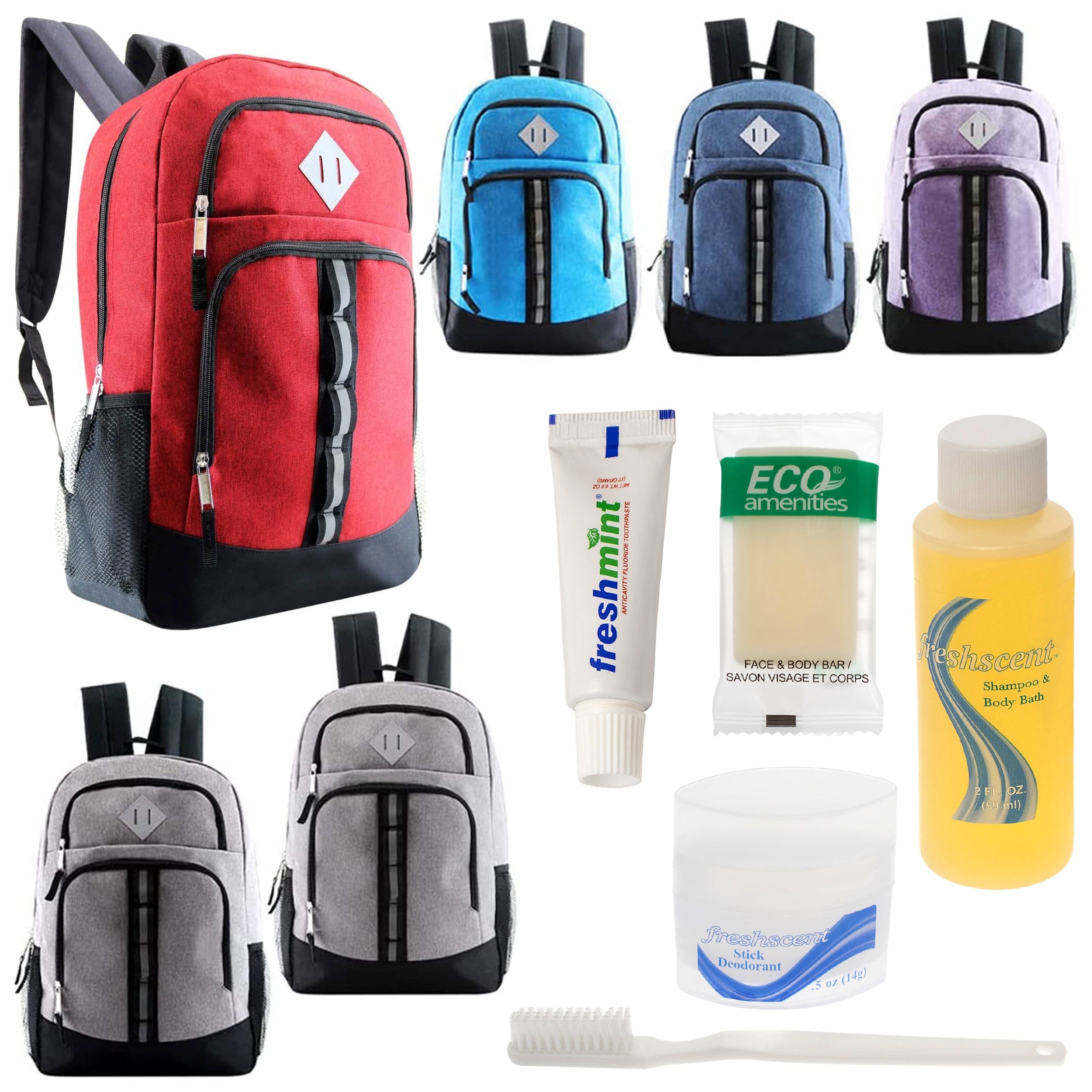 12 Deluxe 18" Backpacks in 6 Colors & Your Choice of 12 Bulk Hygiene Kits - Wholesale Care Package: Homeless, Emergency, Charity