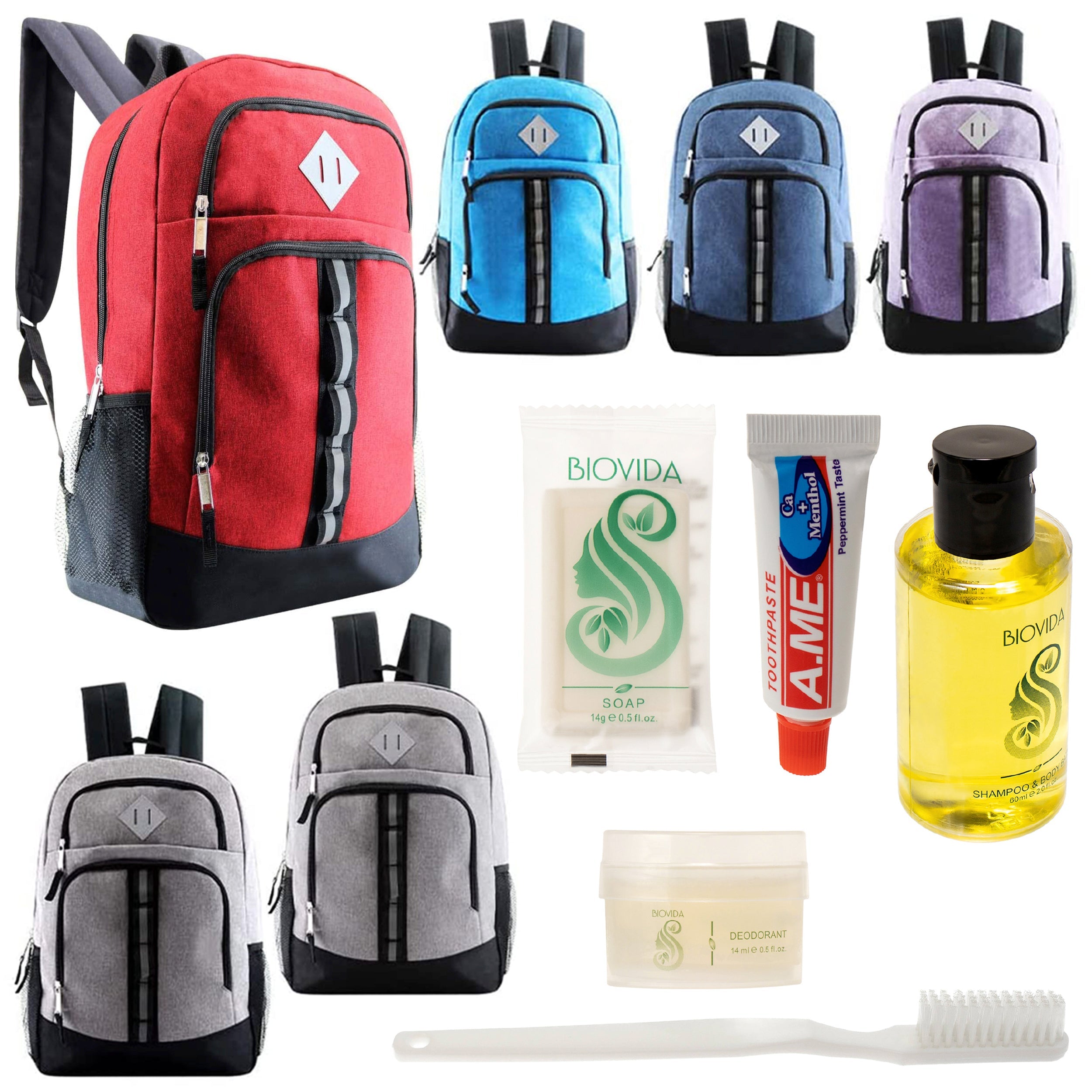 12 Deluxe 18" Backpacks in 6 Colors & Your Choice of 12 Bulk Hygiene Kits - Wholesale Care Package: Homeless, Emergency, Charity