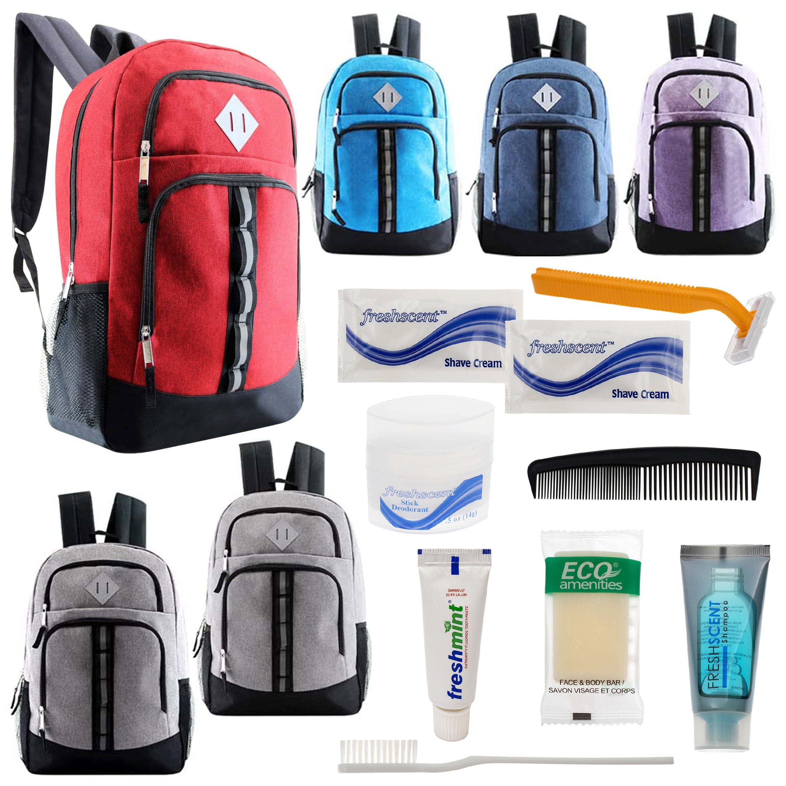 12 Deluxe 18" Backpacks in 6 Colors & Your Choice of 12 Bulk Hygiene Kits - Wholesale Care Package: Homeless, Emergency, Charity