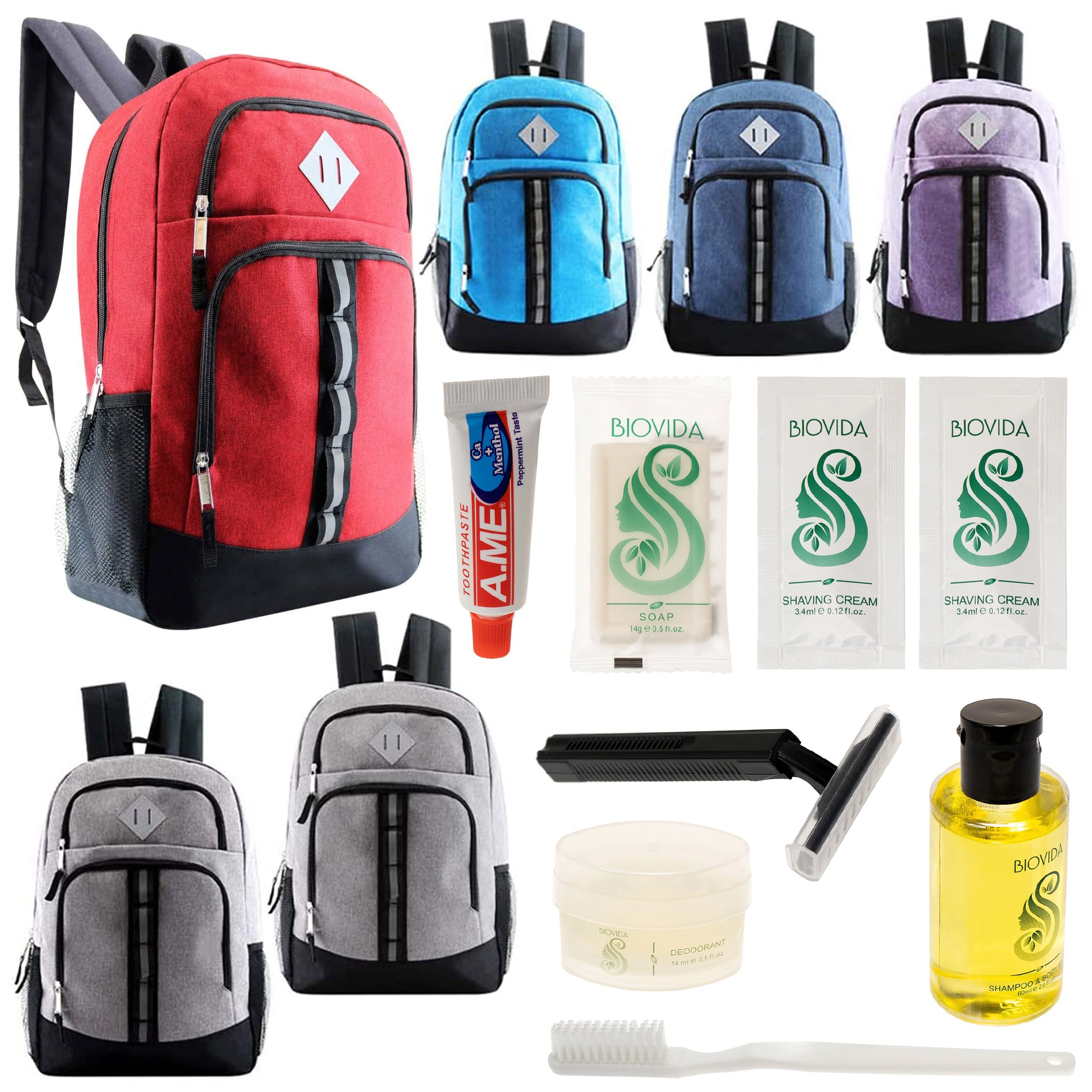 12 Deluxe 18" Backpacks in 6 Colors & Your Choice of 12 Bulk Hygiene Kits - Wholesale Care Package: Homeless, Emergency, Charity