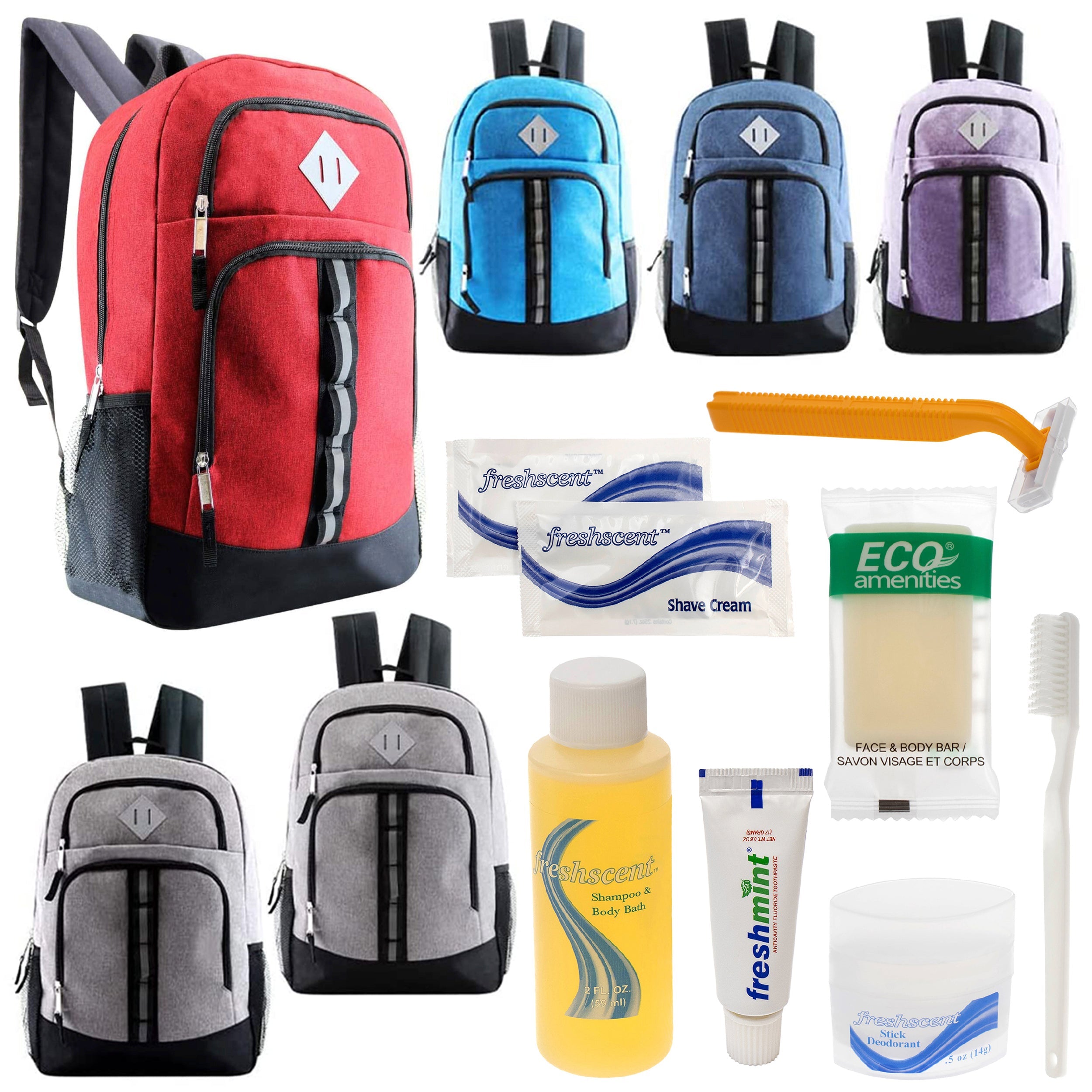 12 Deluxe 18" Backpacks in 6 Colors & Your Choice of 12 Bulk Hygiene Kits - Wholesale Care Package: Homeless, Emergency, Charity