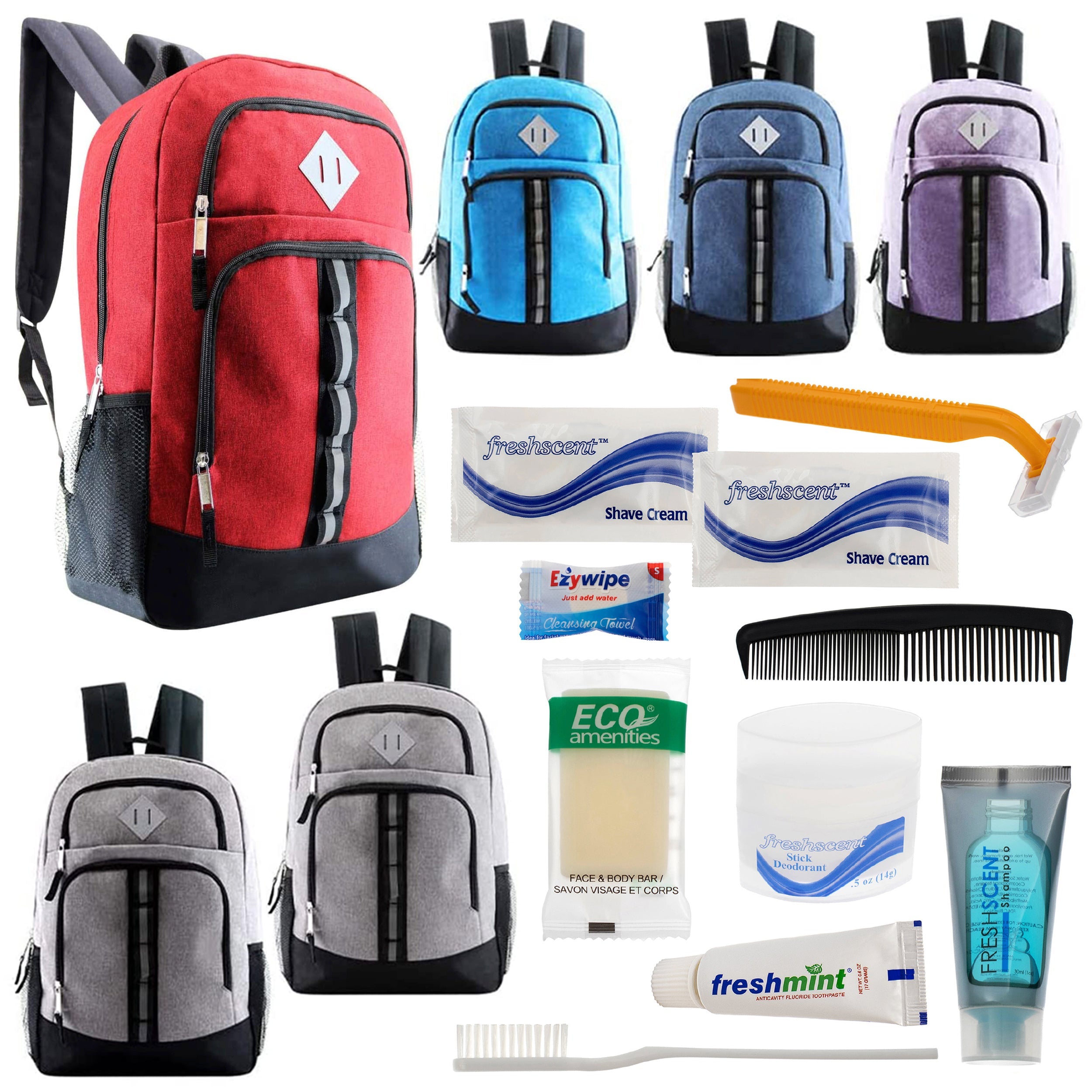 12 Deluxe 18" Backpacks in 6 Colors & Your Choice of 12 Bulk Hygiene Kits - Wholesale Care Package: Homeless, Emergency, Charity