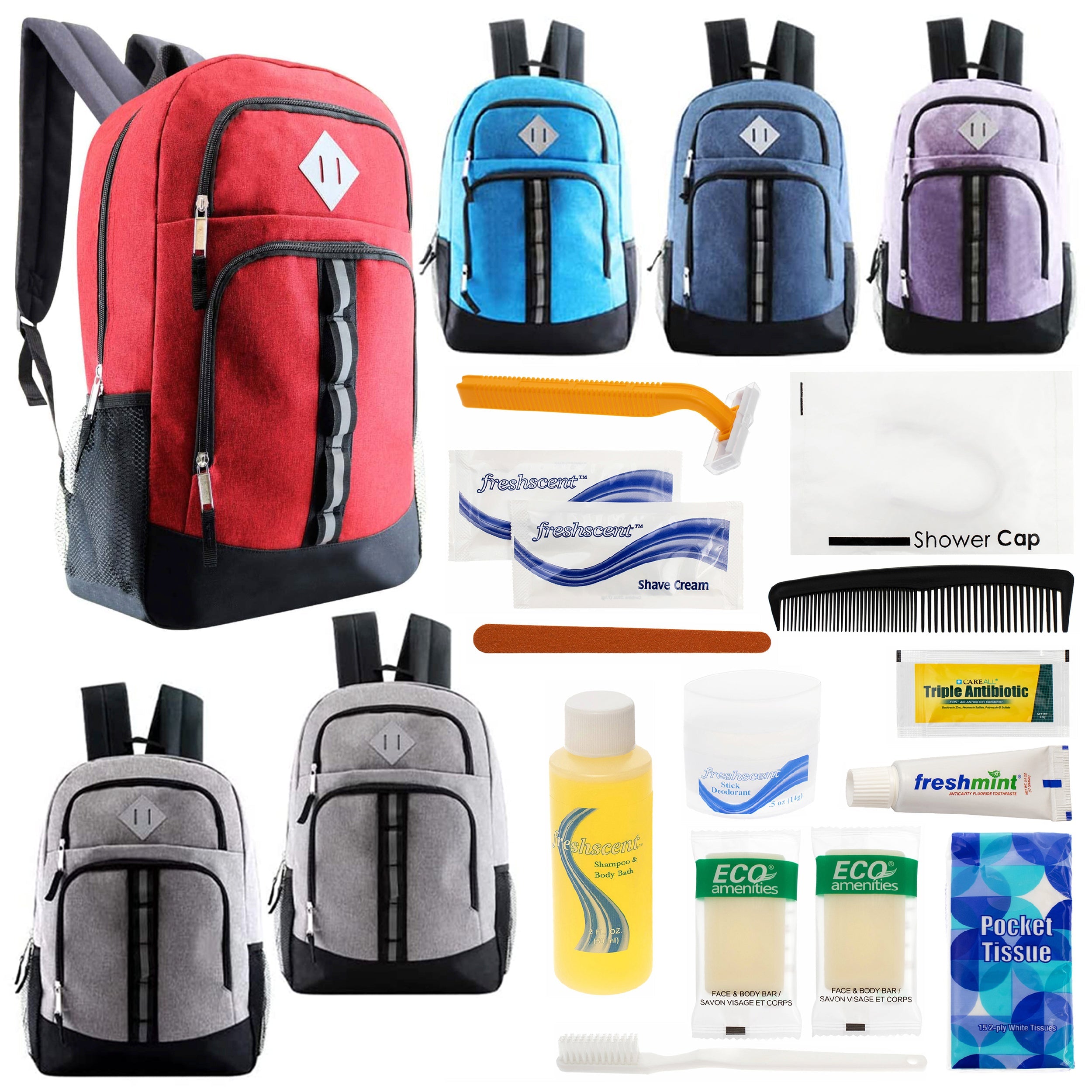 12 Deluxe 18" Backpacks in 6 Colors & Your Choice of 12 Bulk Hygiene Kits - Wholesale Care Package: Homeless, Emergency, Charity