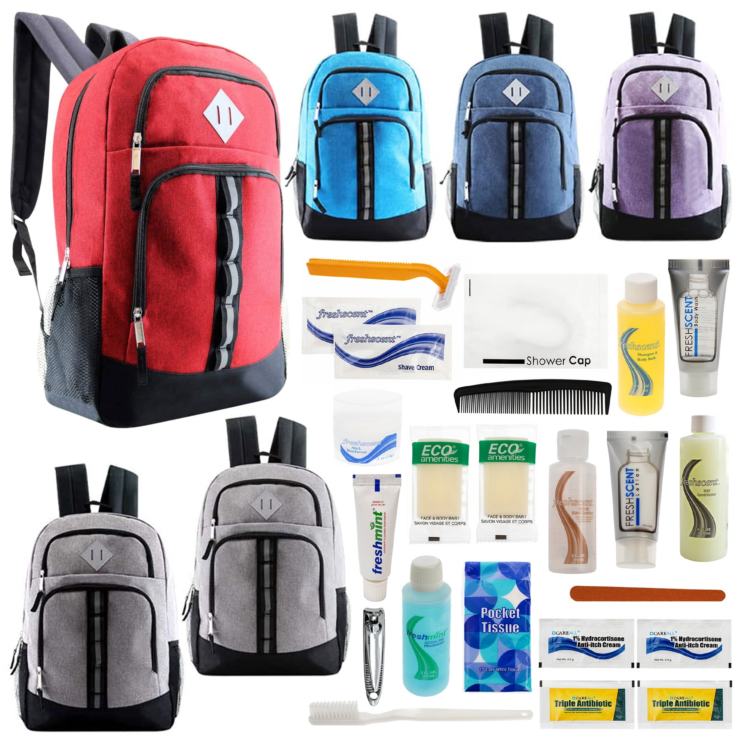 12 Deluxe 18" Backpacks in 6 Colors & Your Choice of 12 Bulk Hygiene Kits - Wholesale Care Package: Homeless, Emergency, Charity