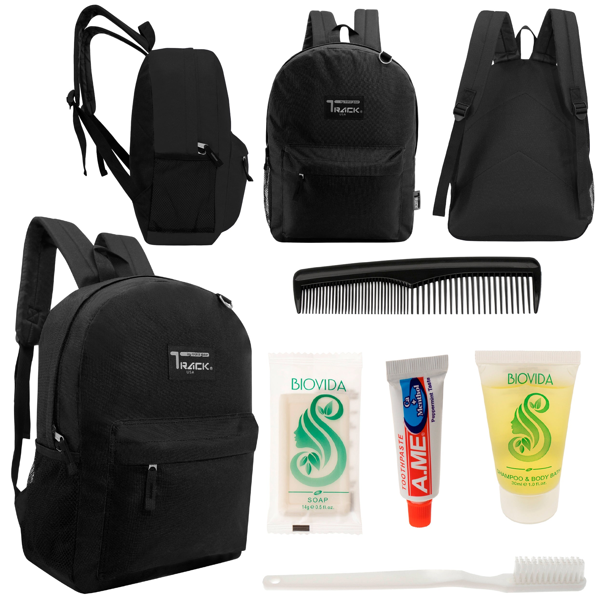 12 Classic 17" Backpacks in Black & Your Choice of 12 Bulk Hygiene Kits - Wholesale Care Package: Homeless, Emergency, Charity