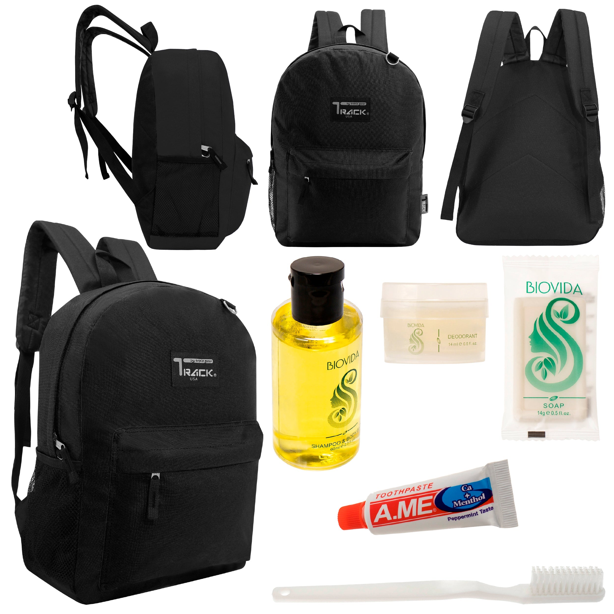 12 Classic 17" Backpacks in Black & Your Choice of 12 Bulk Hygiene Kits - Wholesale Care Package: Homeless, Emergency, Charity