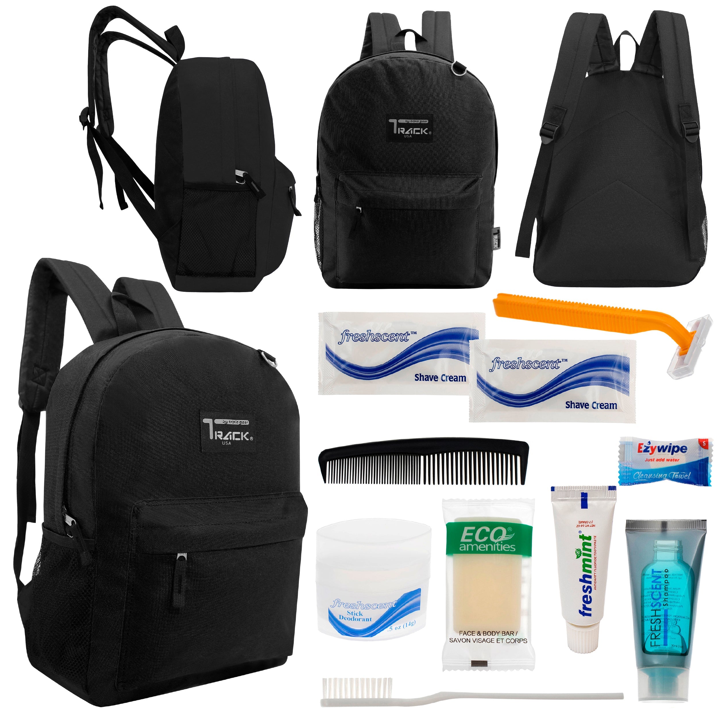 12 Classic 17" Backpacks in Black & Your Choice of 12 Bulk Hygiene Kits - Wholesale Care Package: Homeless, Emergency, Charity