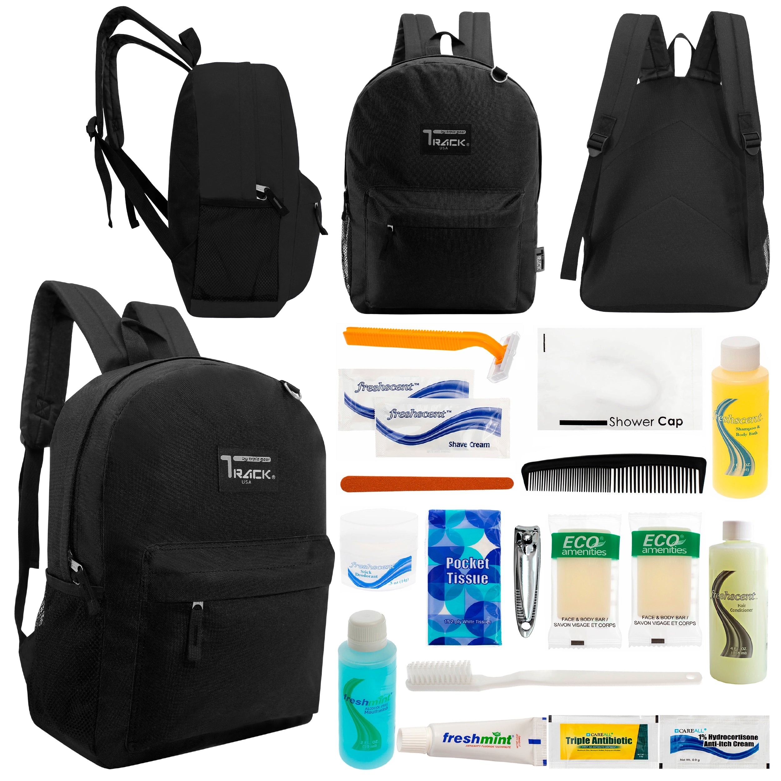 12 Classic 17" Backpacks in Black & Your Choice of 12 Bulk Hygiene Kits - Wholesale Care Package: Homeless, Emergency, Charity