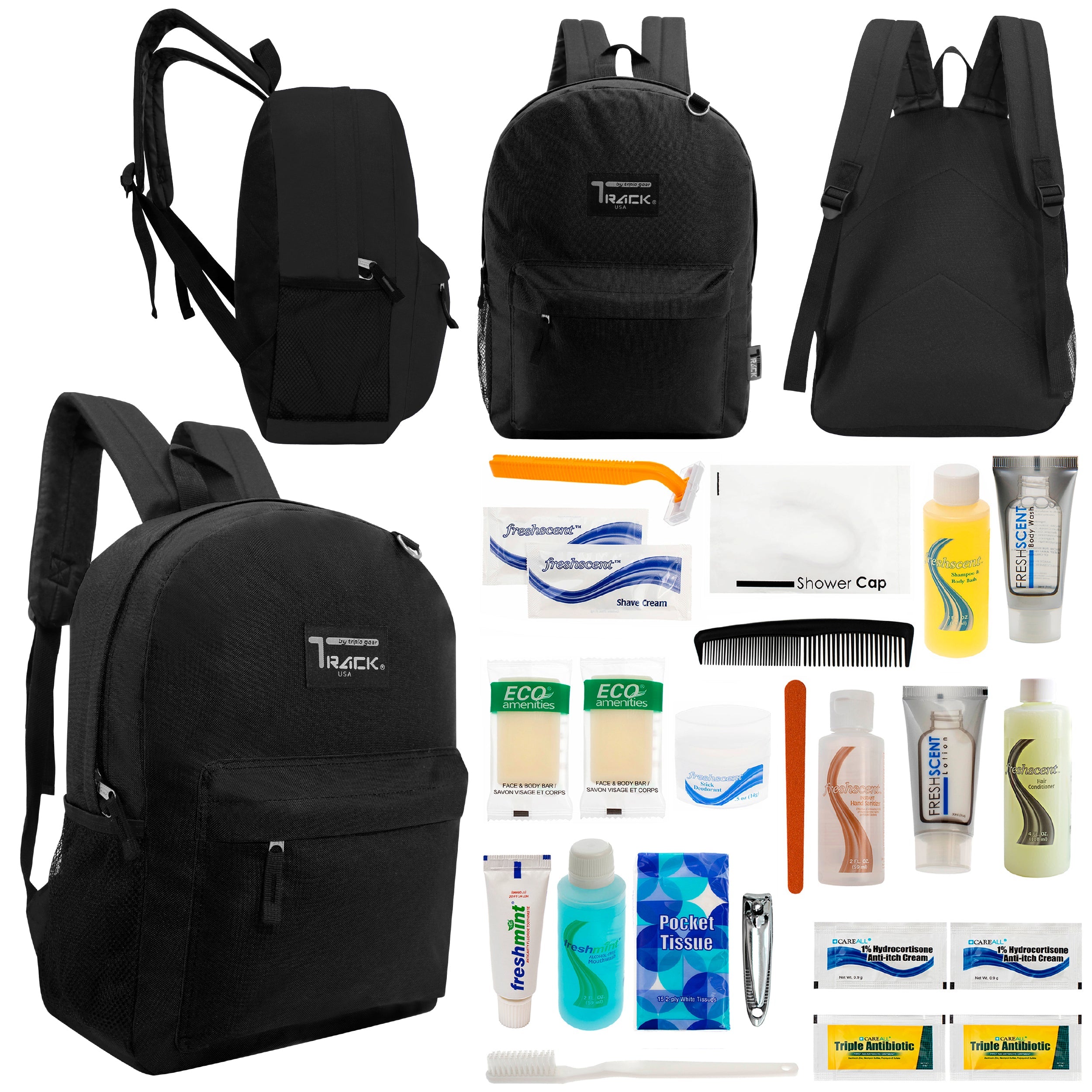 12 Classic 17" Backpacks in Black & Your Choice of 12 Bulk Hygiene Kits - Wholesale Care Package: Homeless, Emergency, Charity