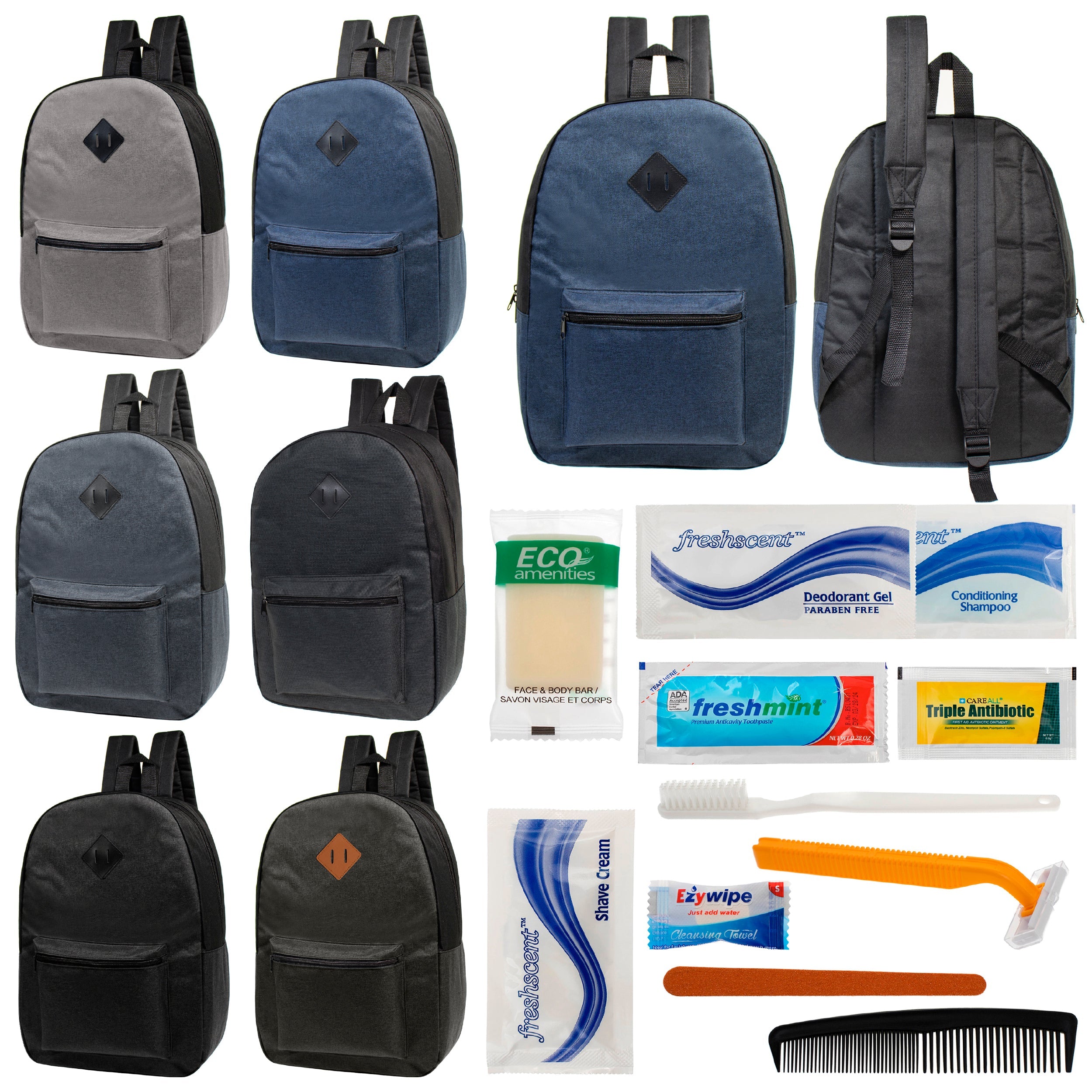 12 Basic Diamond Patch 17" Backpacks in 6 Colors & Your Choice of 12 Bulk Hygiene Kits - Wholesale Care Package: Homeless, Emergency, Charity