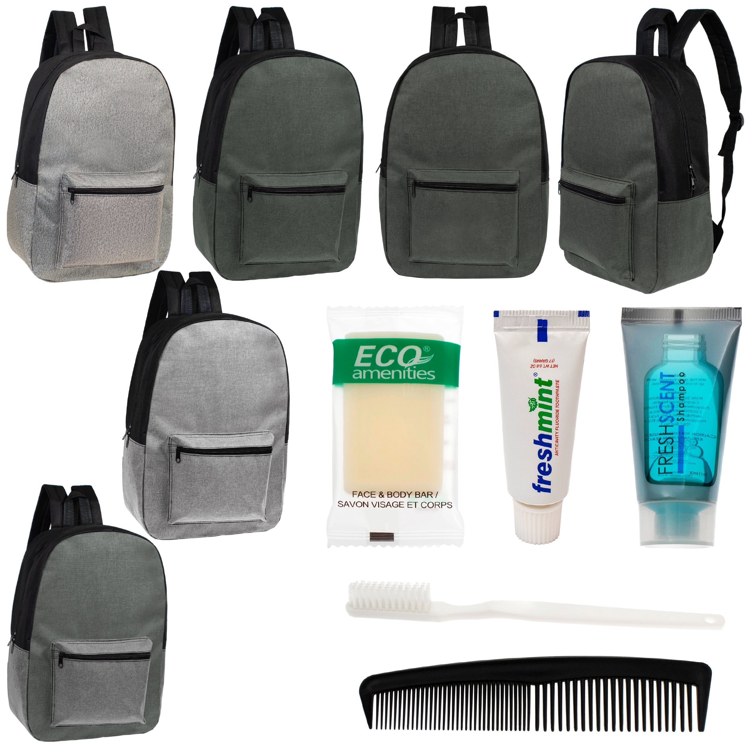 12 Basic Unisex 17" Backpacks in 4 Colors & Your Choice of 12 Bulk Hygiene Kits - Wholesale Care Package: Homeless, Emergency, Charity