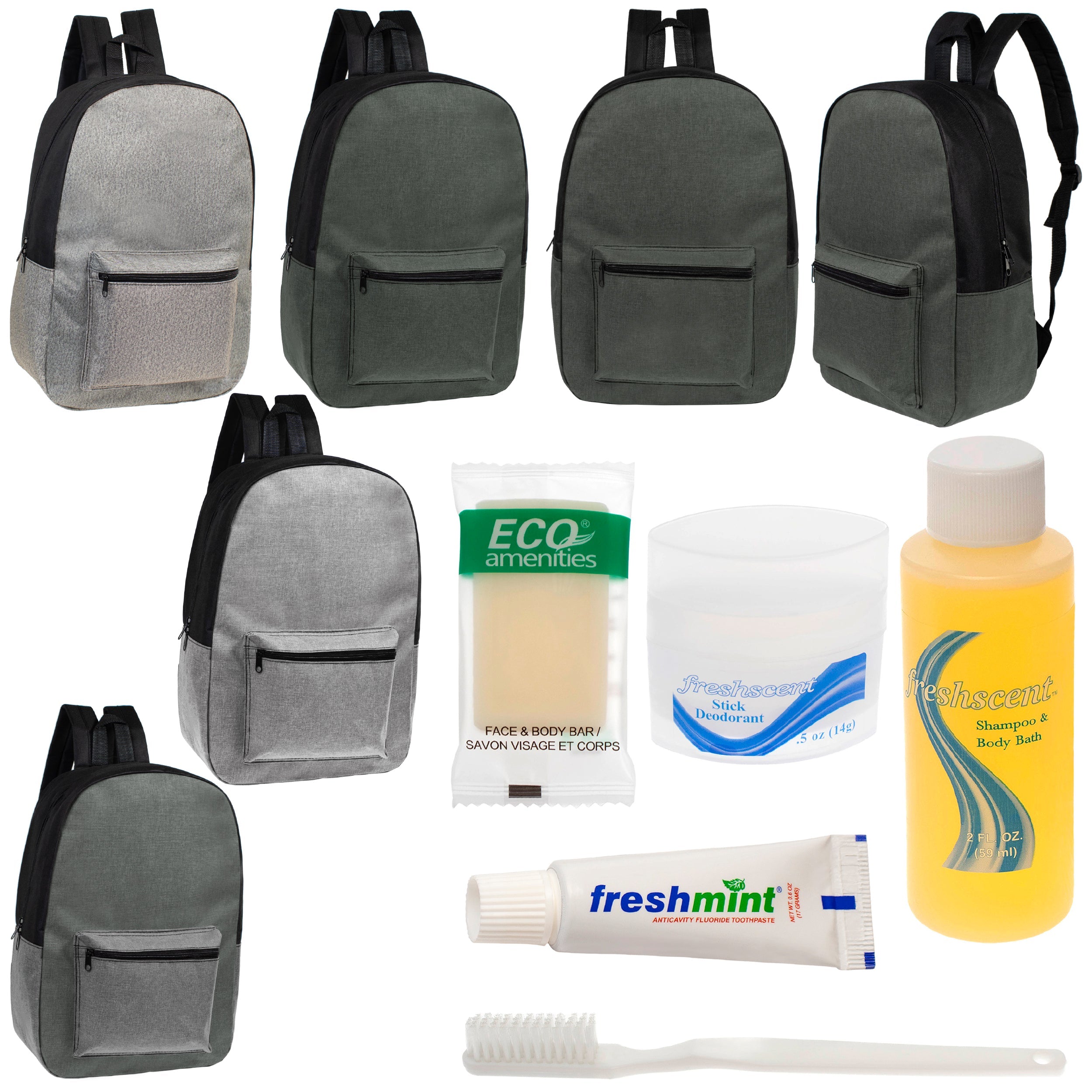 12 Basic Unisex 17" Backpacks in 4 Colors & Your Choice of 12 Bulk Hygiene Kits - Wholesale Care Package: Homeless, Emergency, Charity