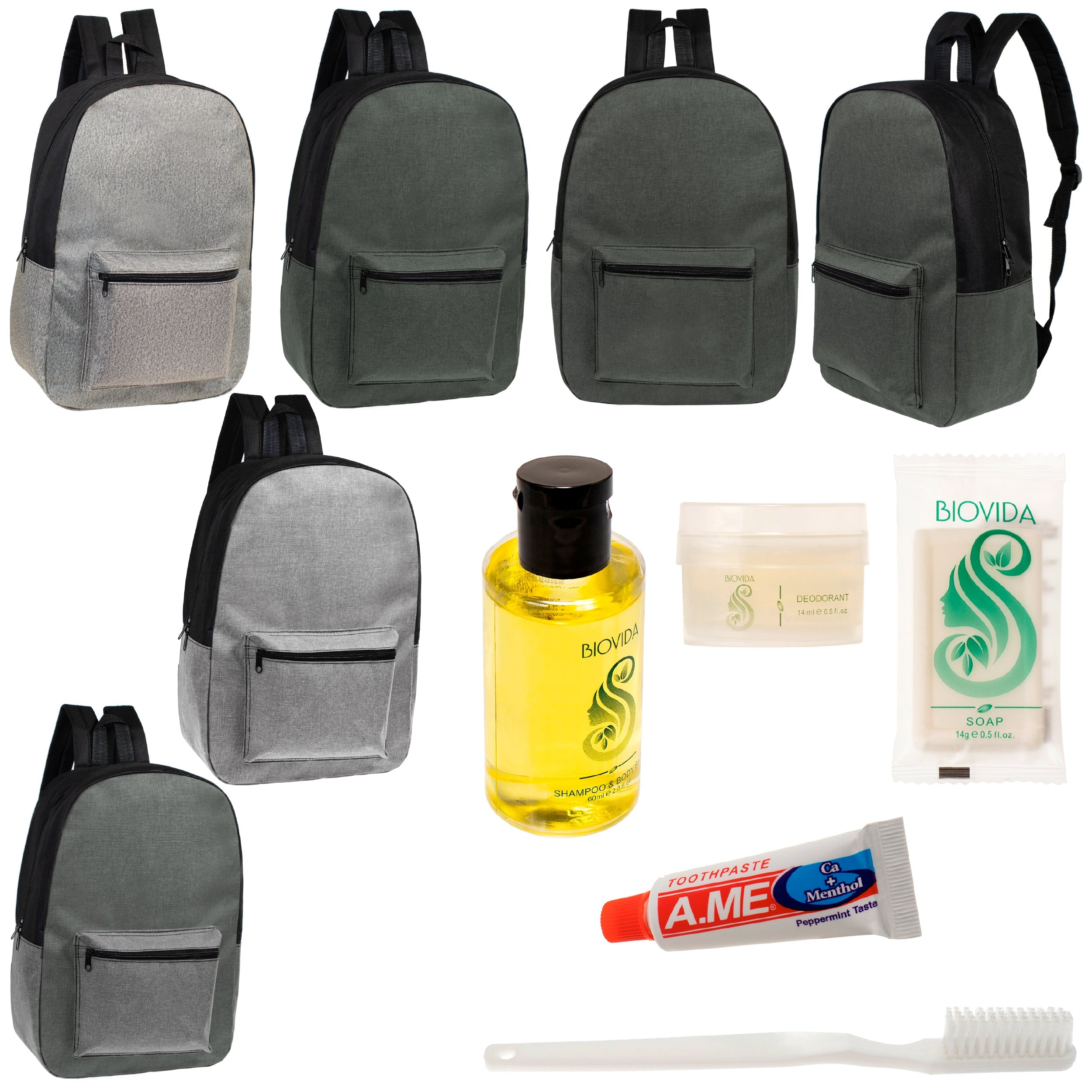 12 Basic Unisex 17" Backpacks in 4 Colors & Your Choice of 12 Bulk Hygiene Kits - Wholesale Care Package: Homeless, Emergency, Charity