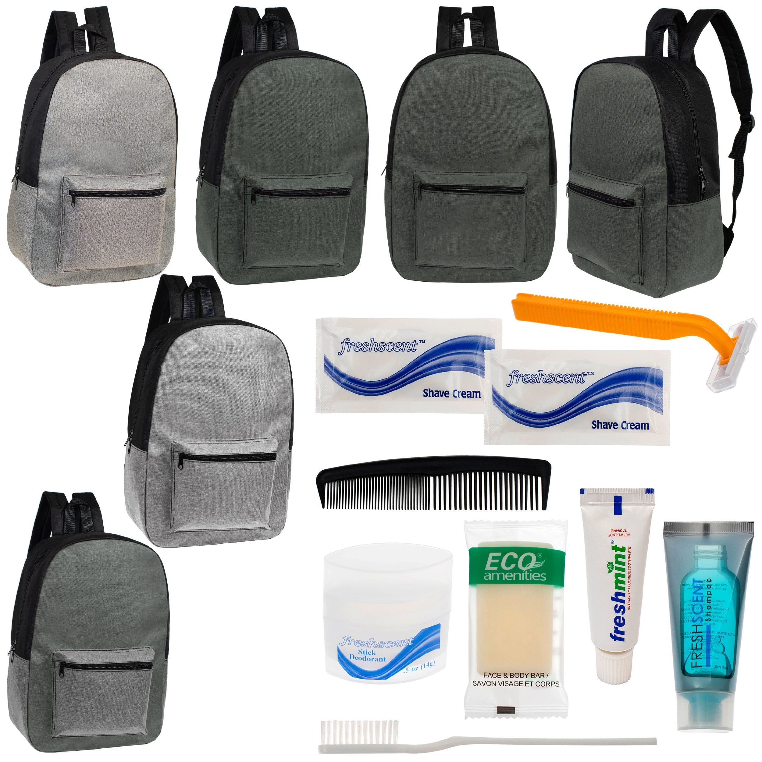 12 Basic Unisex 17" Backpacks in 4 Colors & Your Choice of 12 Bulk Hygiene Kits - Wholesale Care Package: Homeless, Emergency, Charity