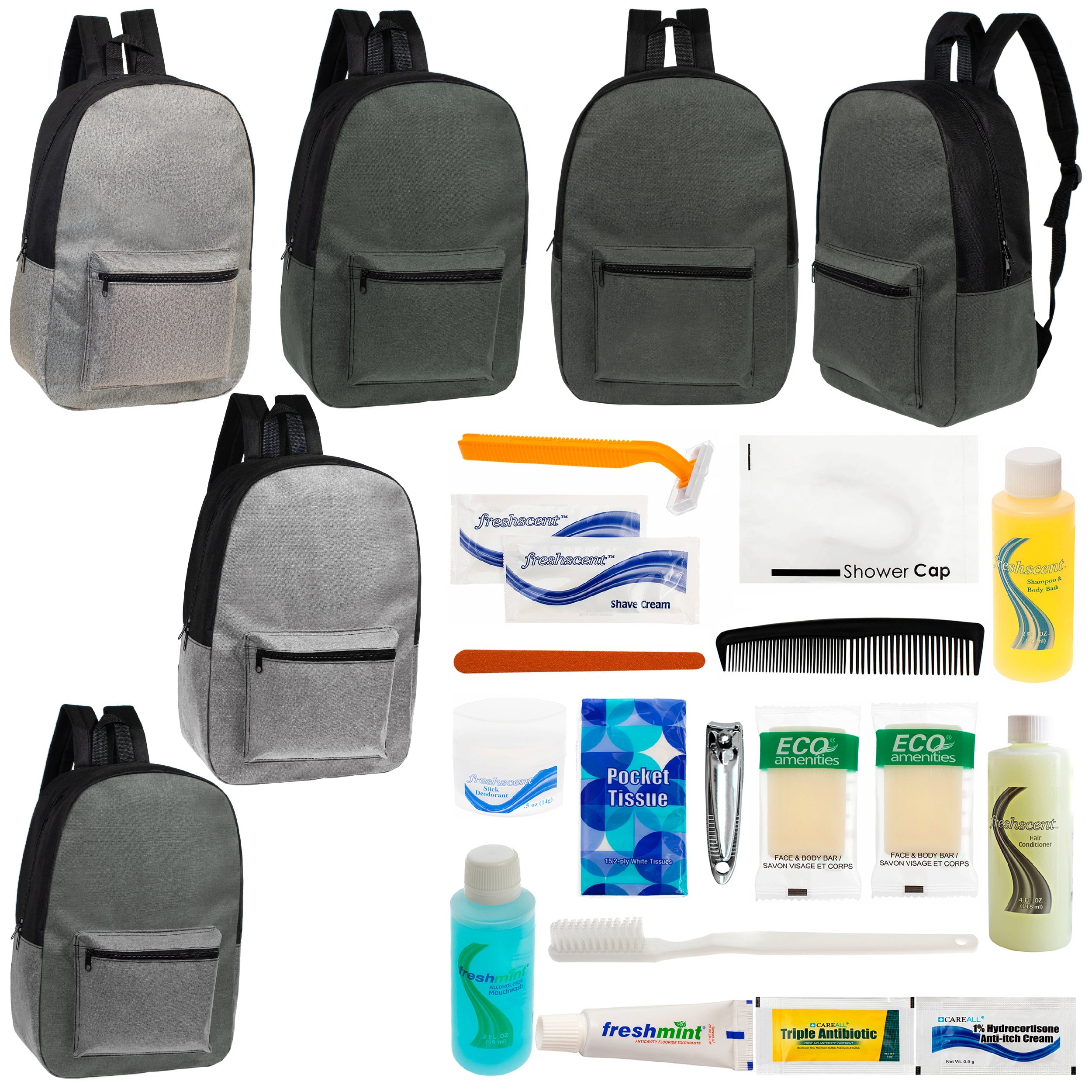 12 Basic Unisex 17" Backpacks in 4 Colors & Your Choice of 12 Bulk Hygiene Kits - Wholesale Care Package: Homeless, Emergency, Charity