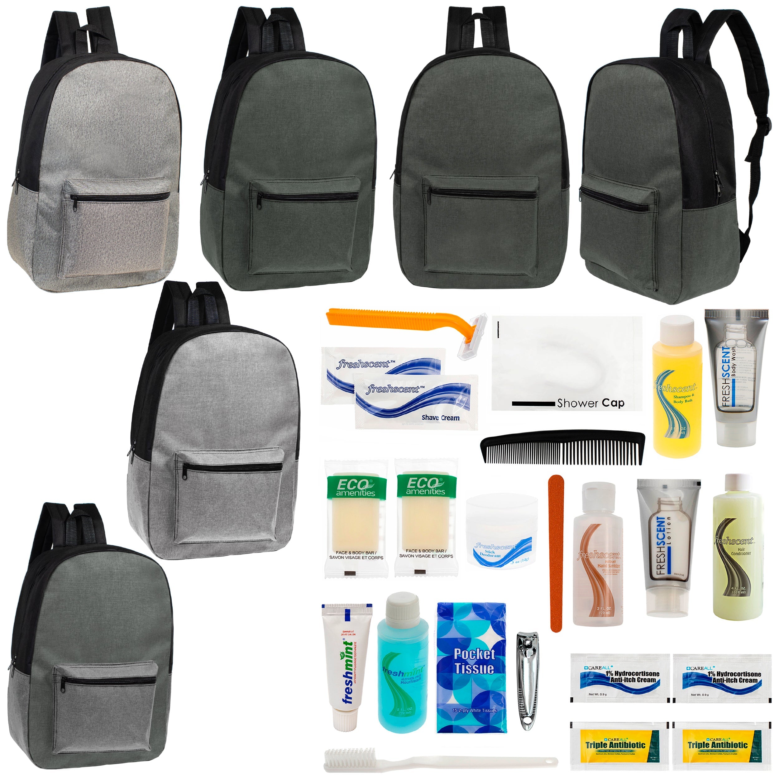 12 Basic Unisex 17" Backpacks in 4 Colors & Your Choice of 12 Bulk Hygiene Kits - Wholesale Care Package: Homeless, Emergency, Charity