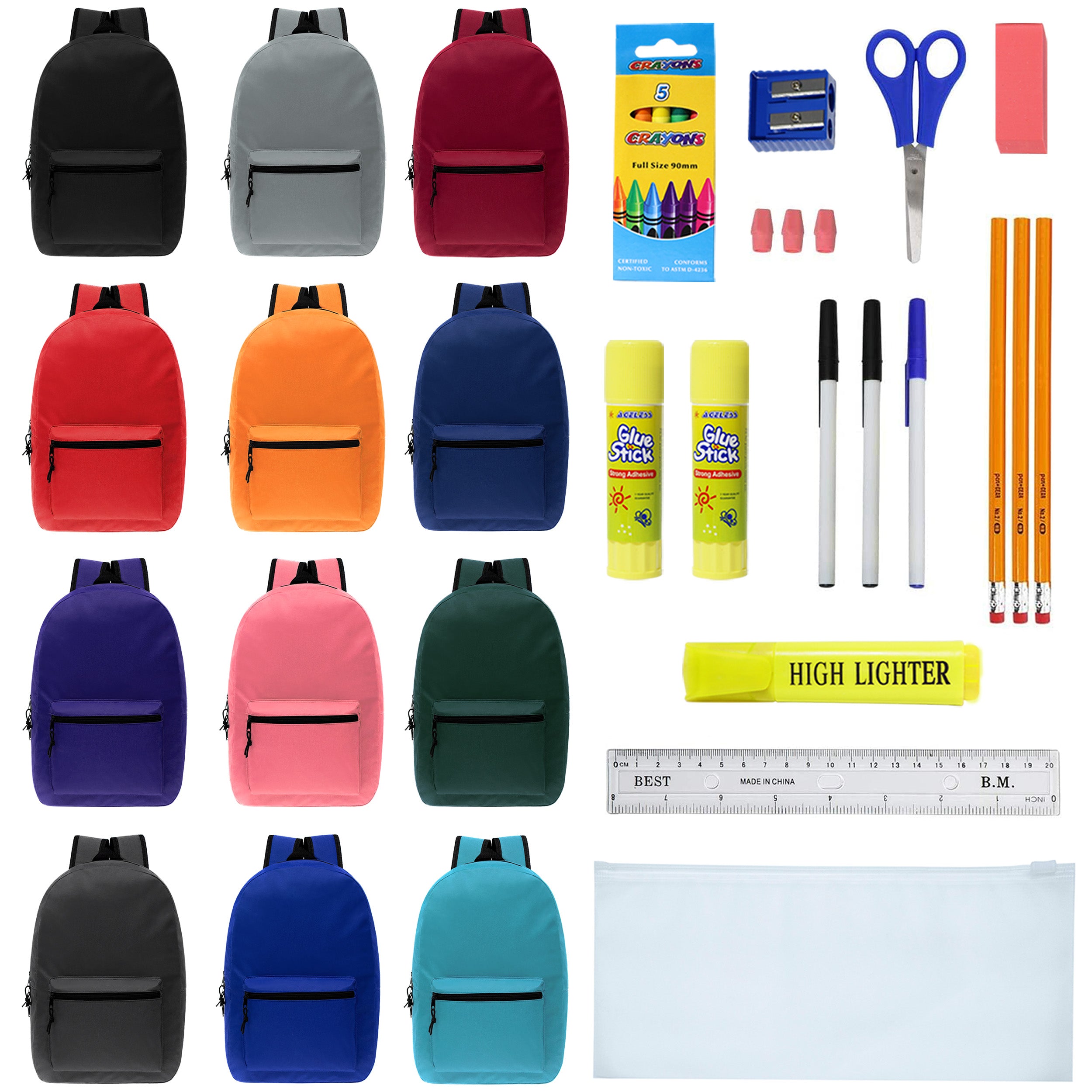 15" Backpacks with 22 Piece School Supply Kits - Case of 24 Wholesale Backpacks in 12 Assorted Colors