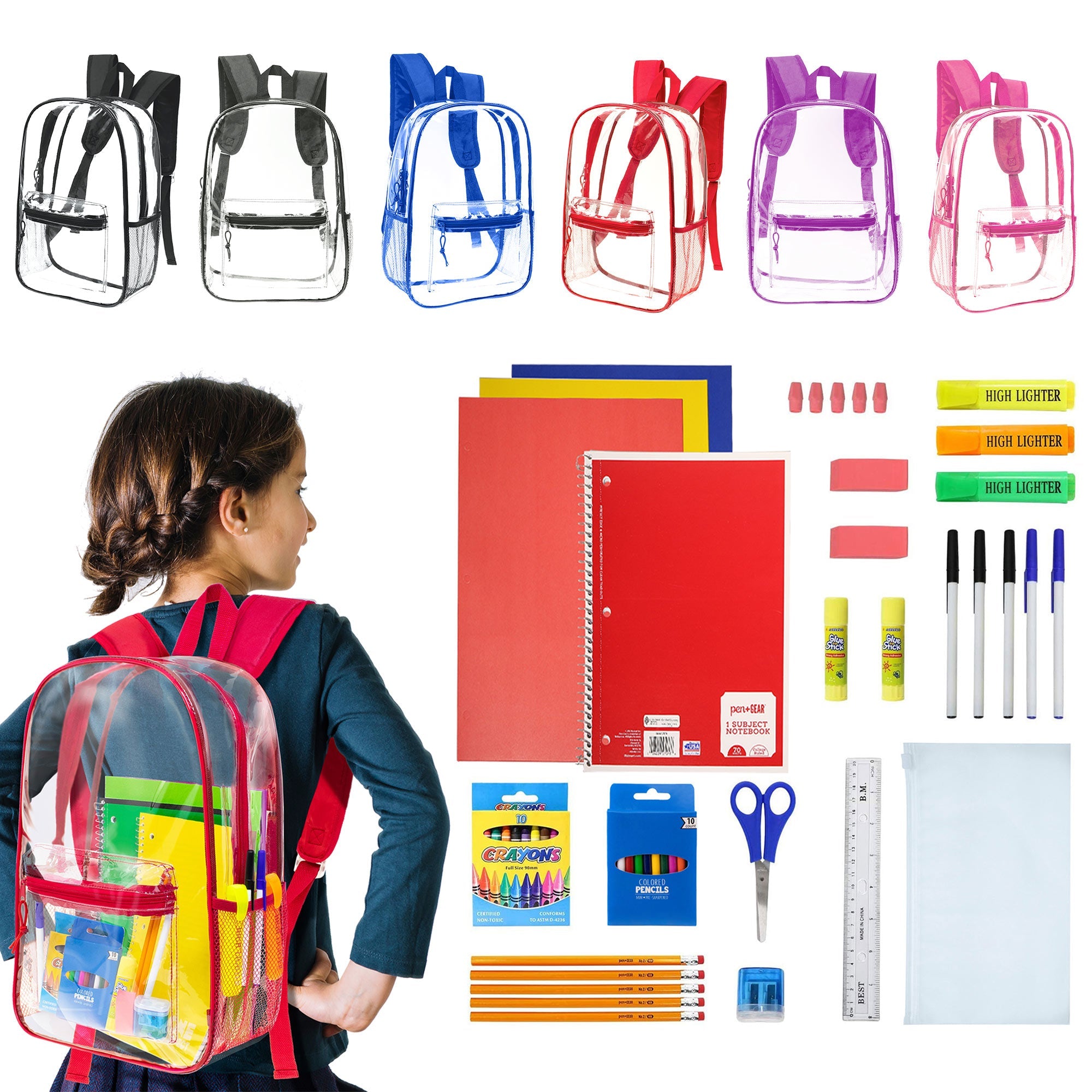 12 Clear Wholesale 17" Backpacks in Assorted Colors and 12 Bulk School Supply Kits of Your Choice