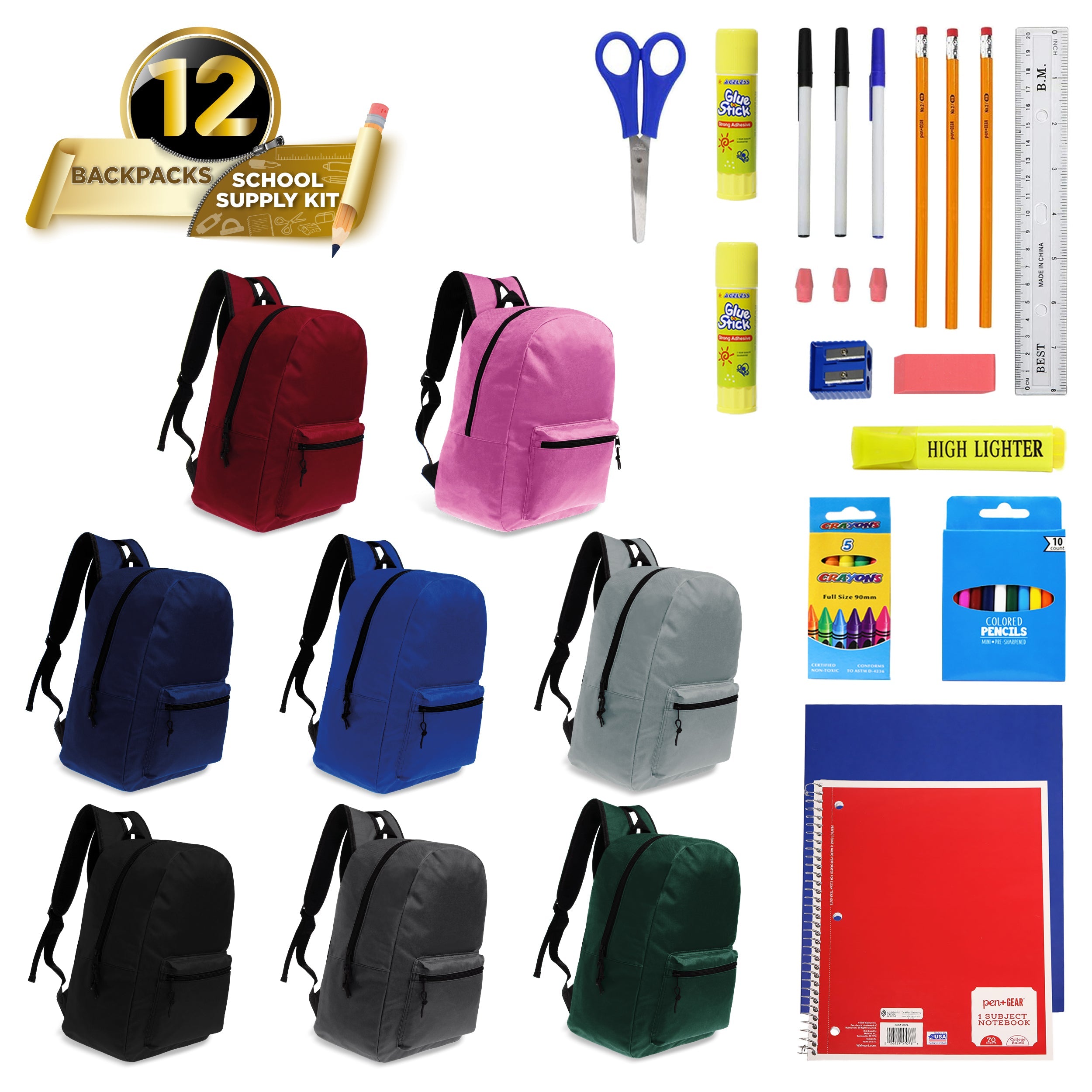 12 Wholesale Kids 15" Backpacks in 8 Assorted Colors and 12 Bulk School Supply Kits of Your Choice