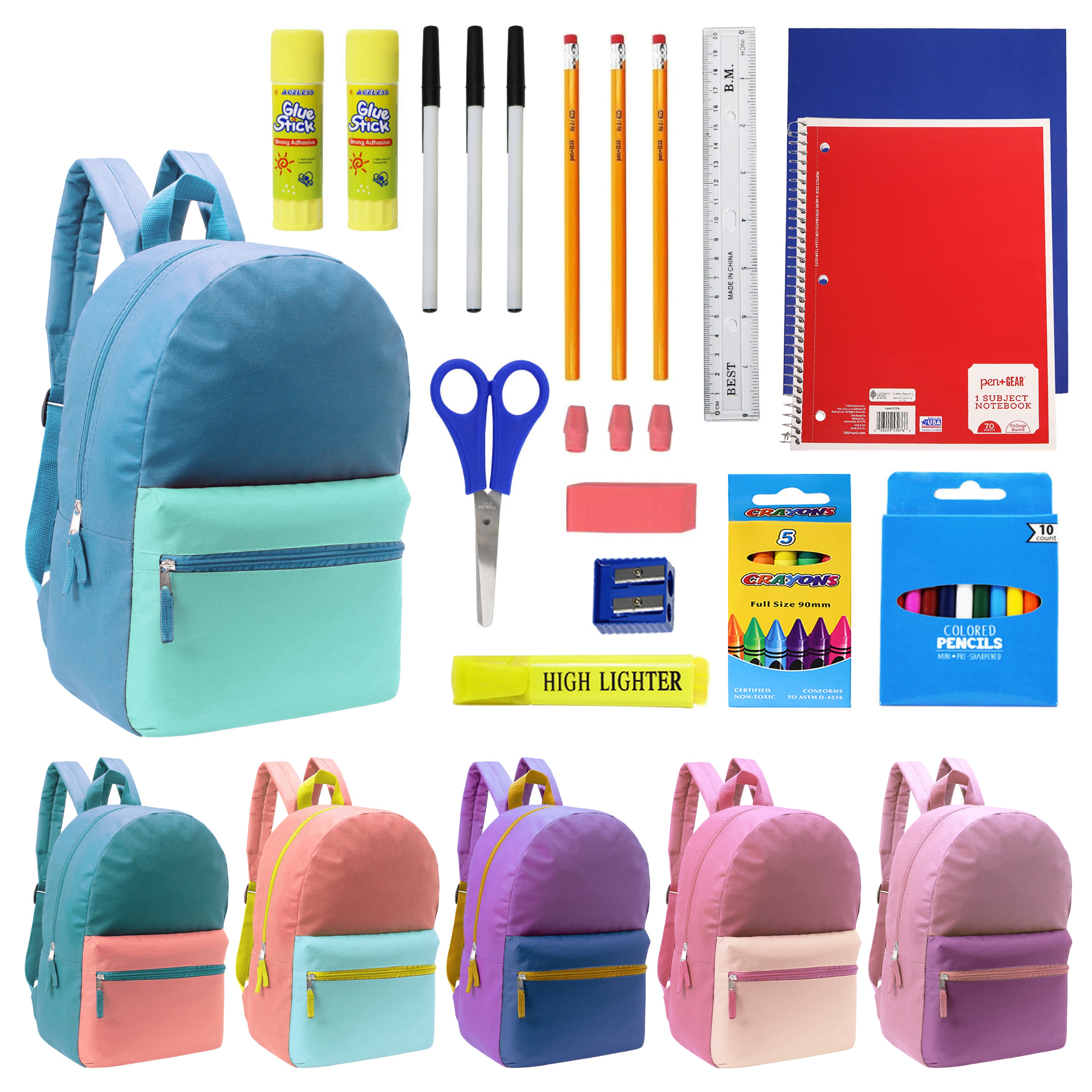 12 Bulk School Supply Kits 12 Wholesale Multi Color 17 Backpacks