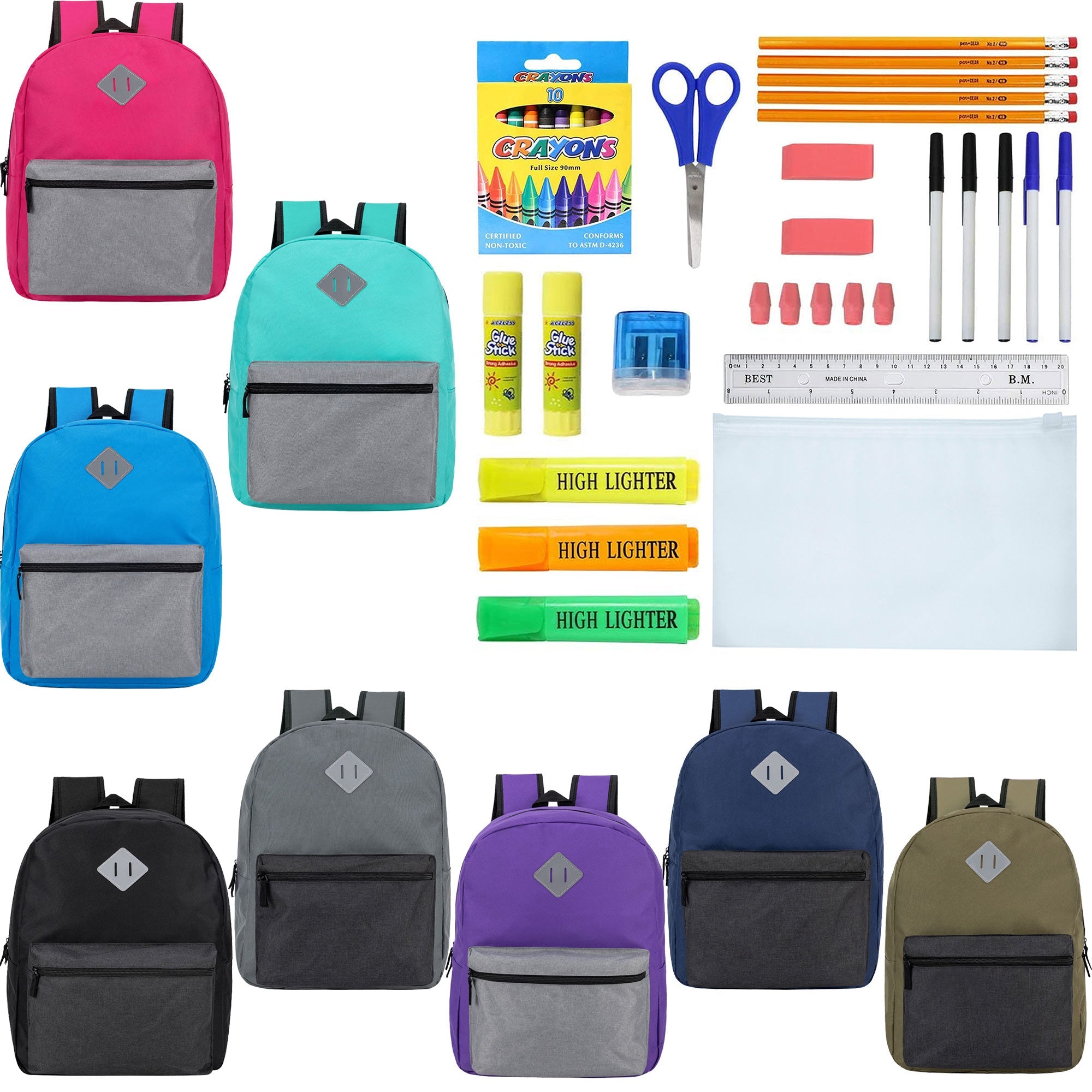 12 Wholesale 17" Diamond Patch Backpacks in 8 Colors & 12 Bulk School Supply Kits of Your Choice